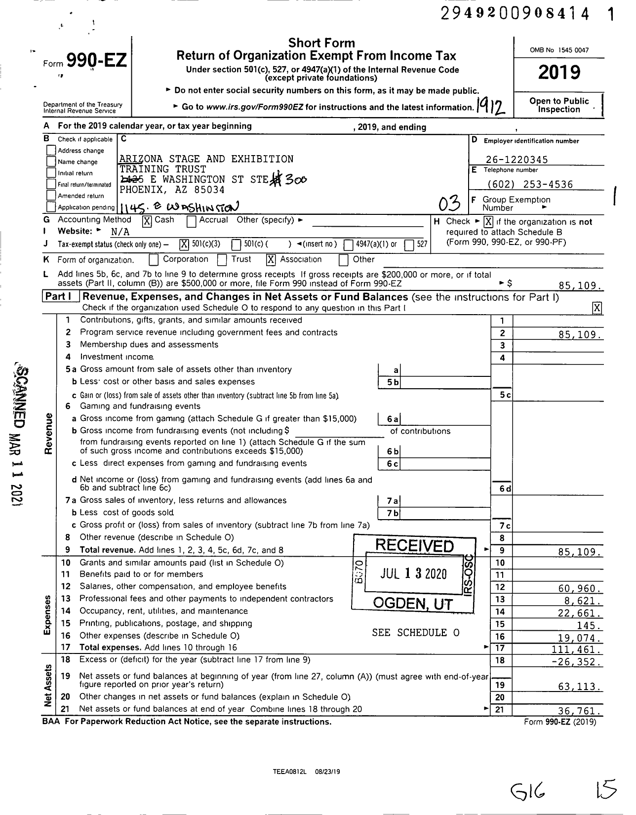 Image of first page of 2019 Form 990EZ for Arizona Stage and Exhibition Training Trust