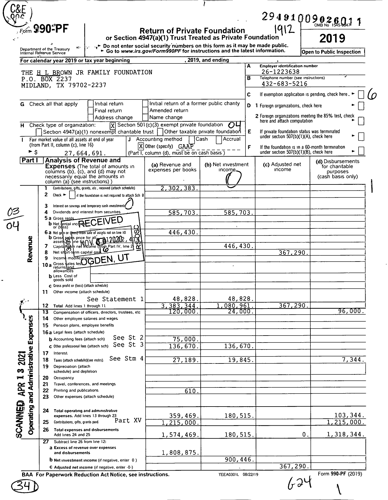 Image of first page of 2019 Form 990PF for The H L Brown Family Foundation