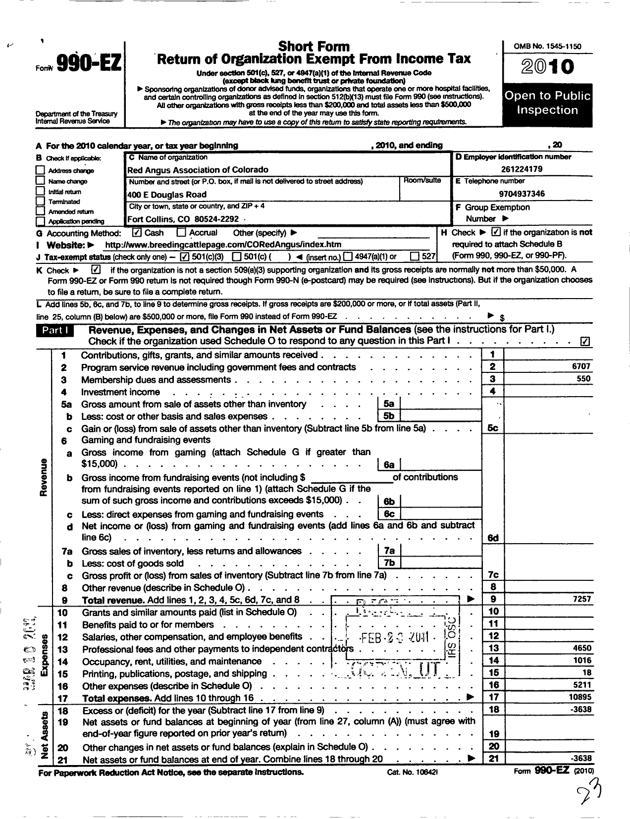 Image of first page of 2010 Form 990EZ for Red Angus Association of Colorado