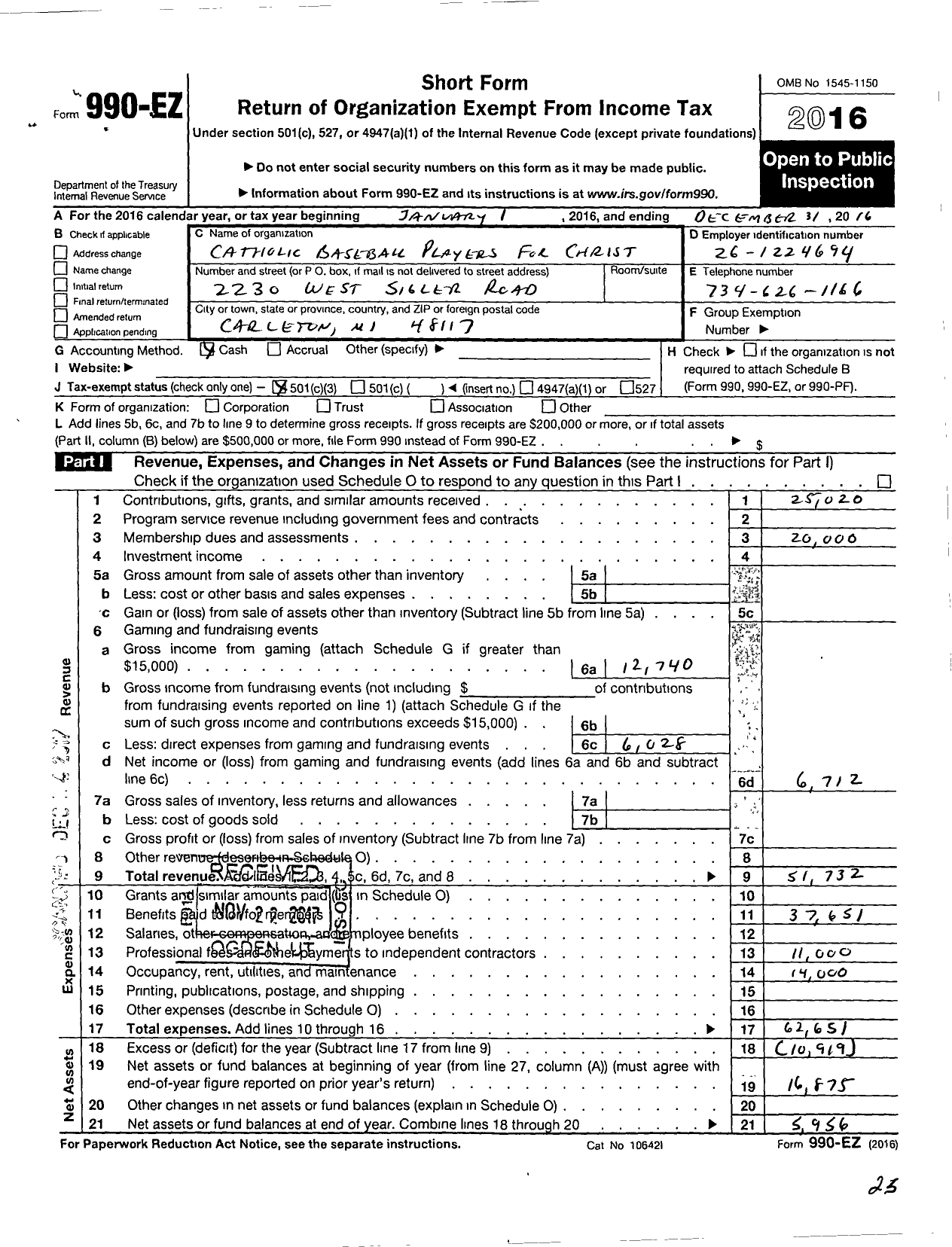 Image of first page of 2016 Form 990EZ for Catholic Baseball Players for Christ