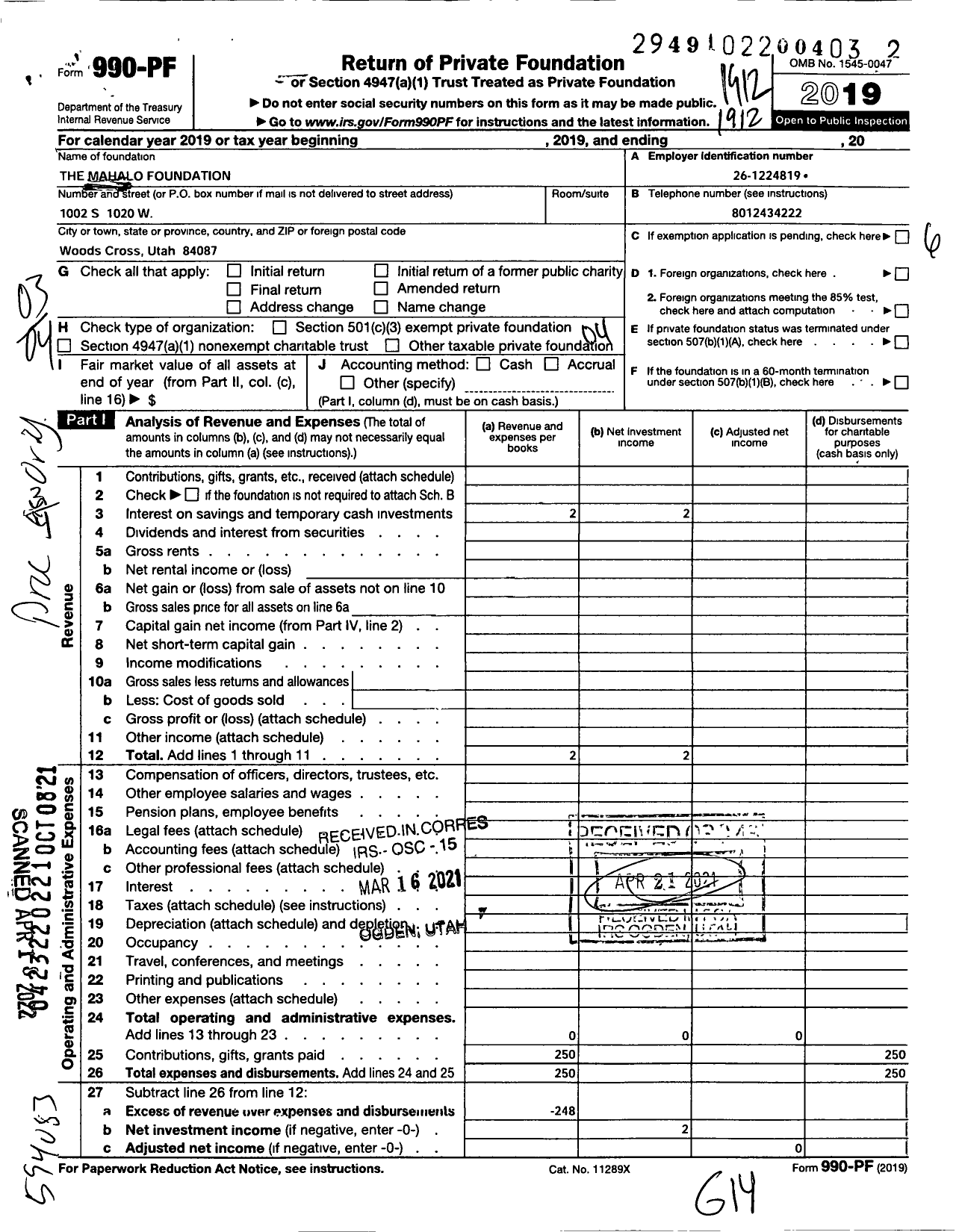 Image of first page of 2019 Form 990PF for The Mahalo Foundation