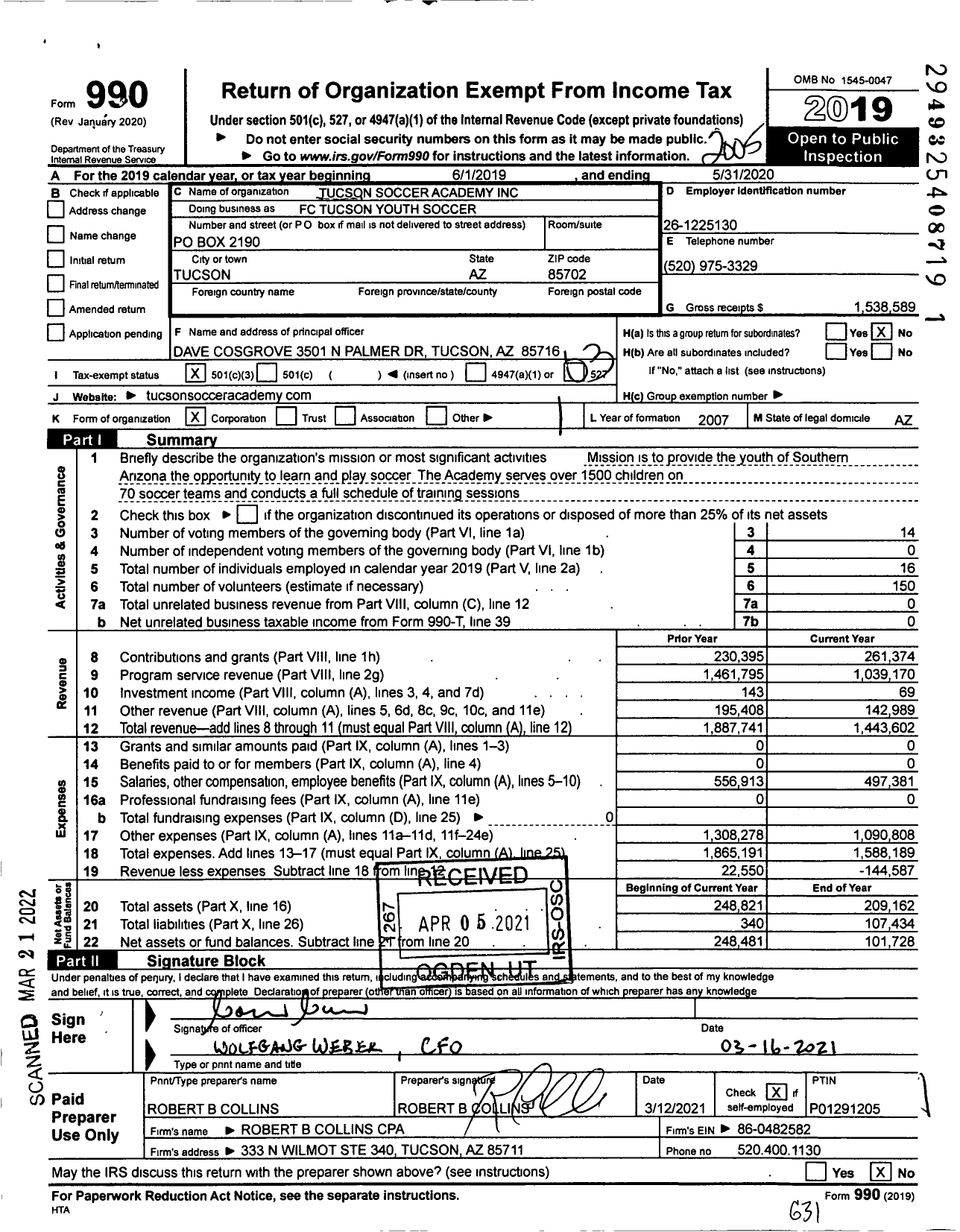 Image of first page of 2019 Form 990 for FC Tucson Youth Soccer