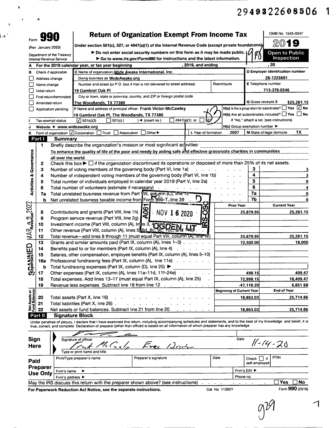 Image of first page of 2019 Form 990 for WideAwakeorg