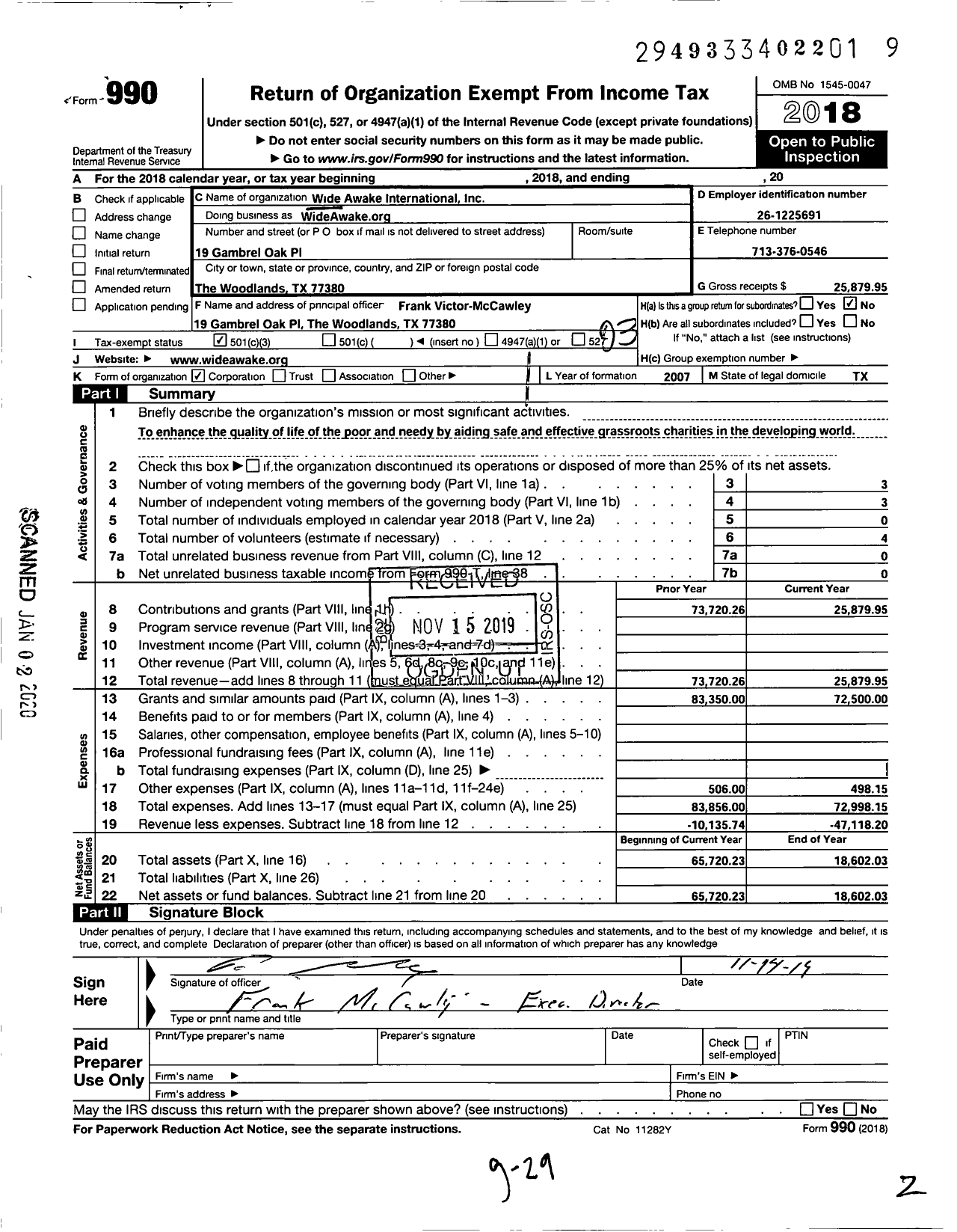 Image of first page of 2018 Form 990 for WideAwakeorg