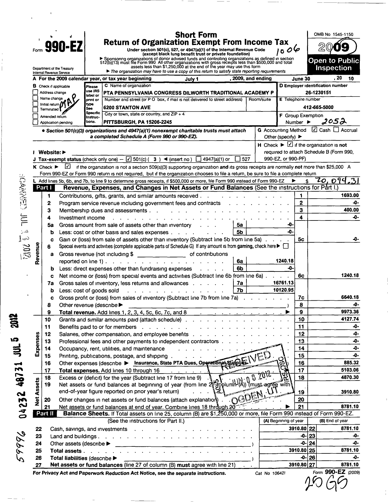 Image of first page of 2009 Form 990EZ for PTA Pennsylvania Congress / Dilworth Traditional Academy PTA