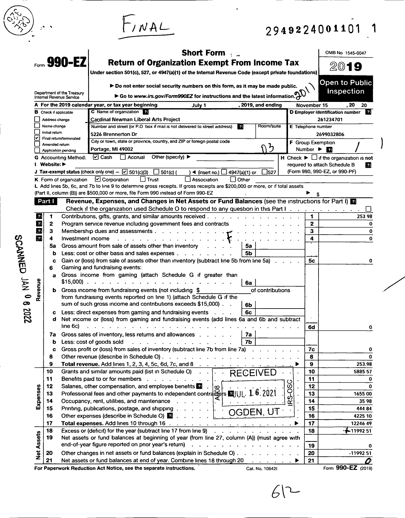 Image of first page of 2019 Form 990EZ for Cardinal Newman Liberal Arts Project