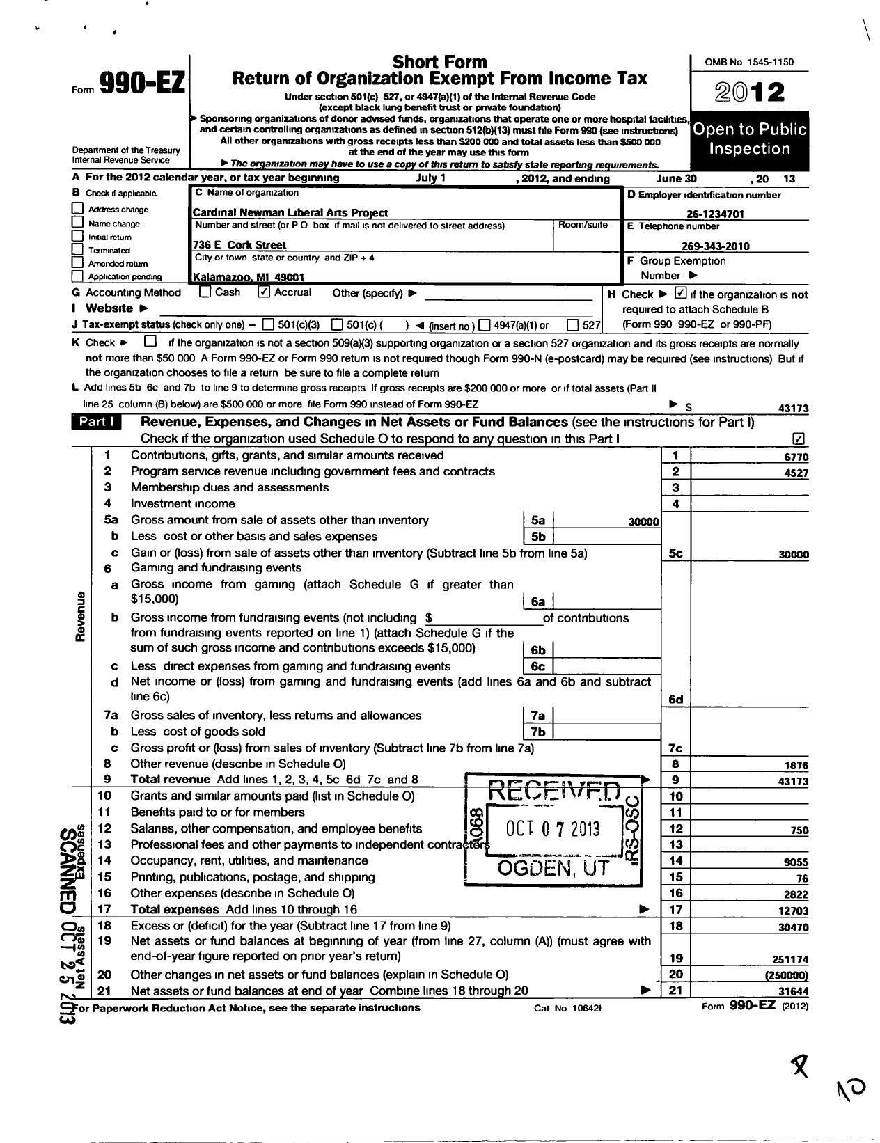 Image of first page of 2012 Form 990EO for Cardinal Newman Liberal Arts Project