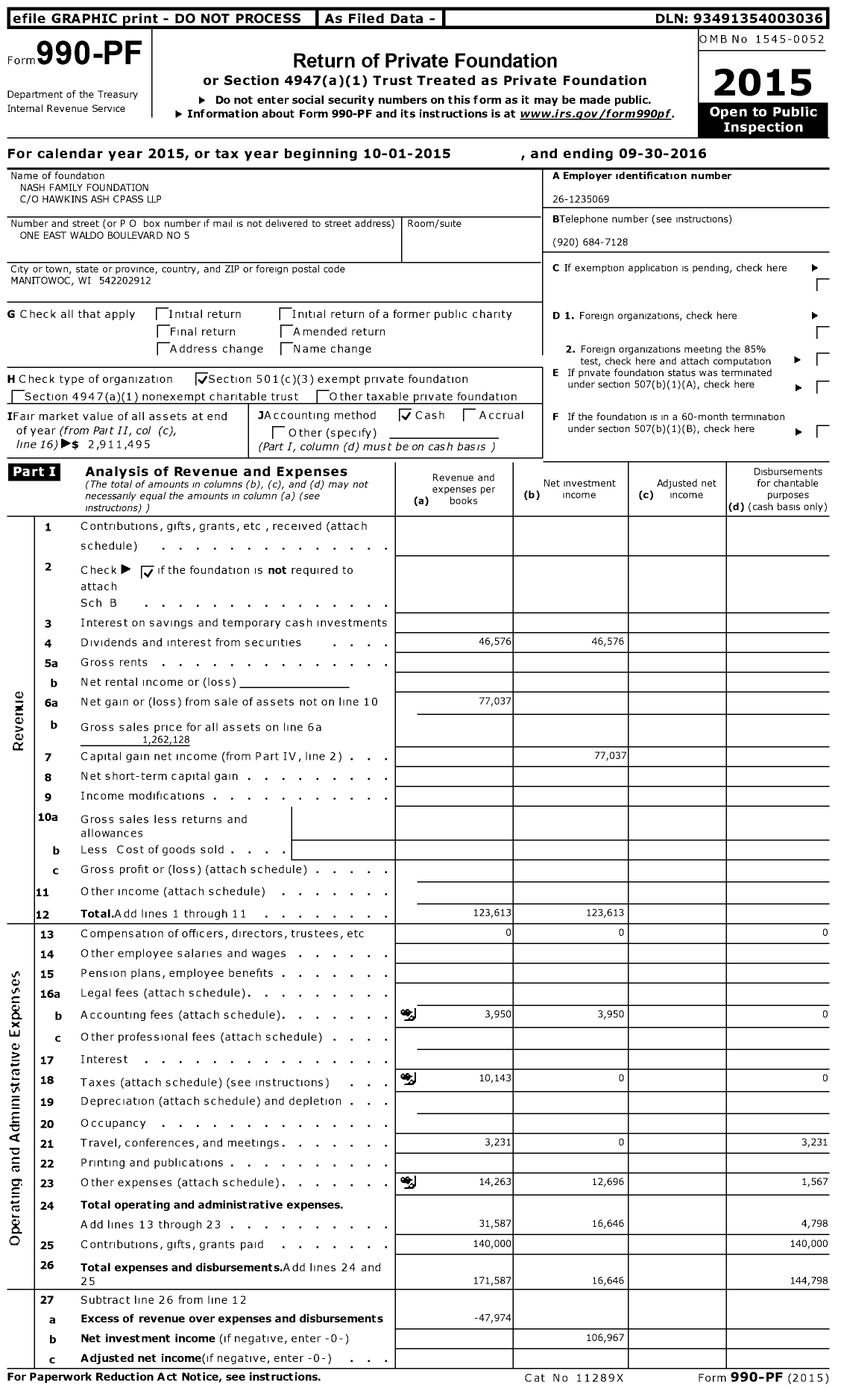 Image of first page of 2015 Form 990PF for Nash Family Foundation
