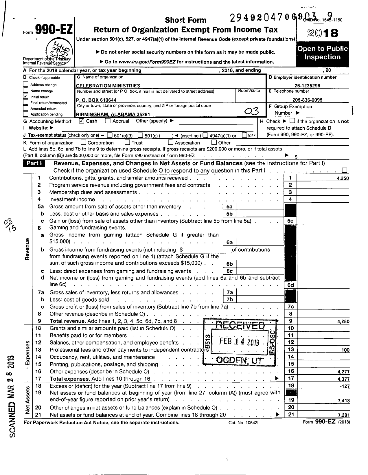 Image of first page of 2018 Form 990EZ for Celebration Ministries