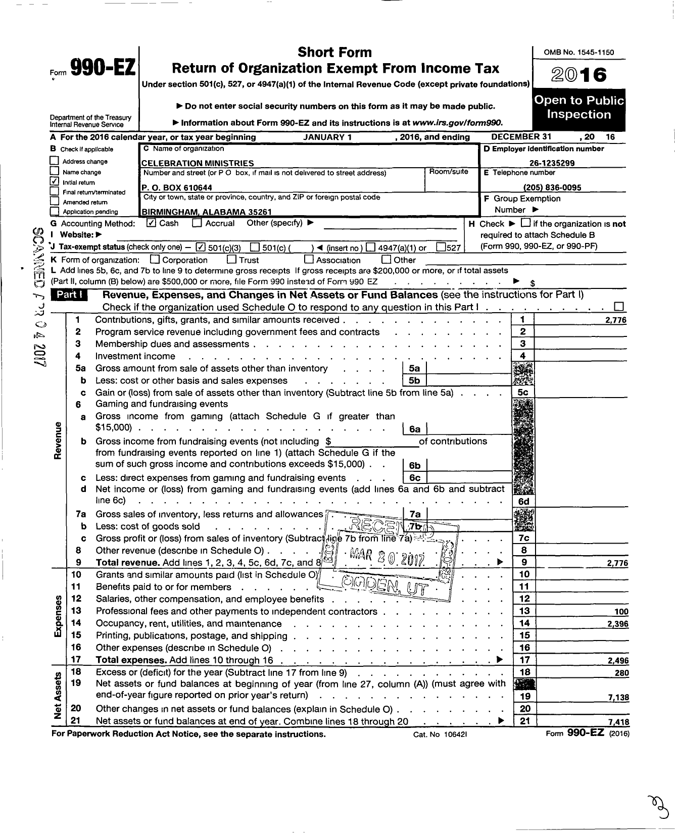 Image of first page of 2016 Form 990EZ for Celebration Ministries