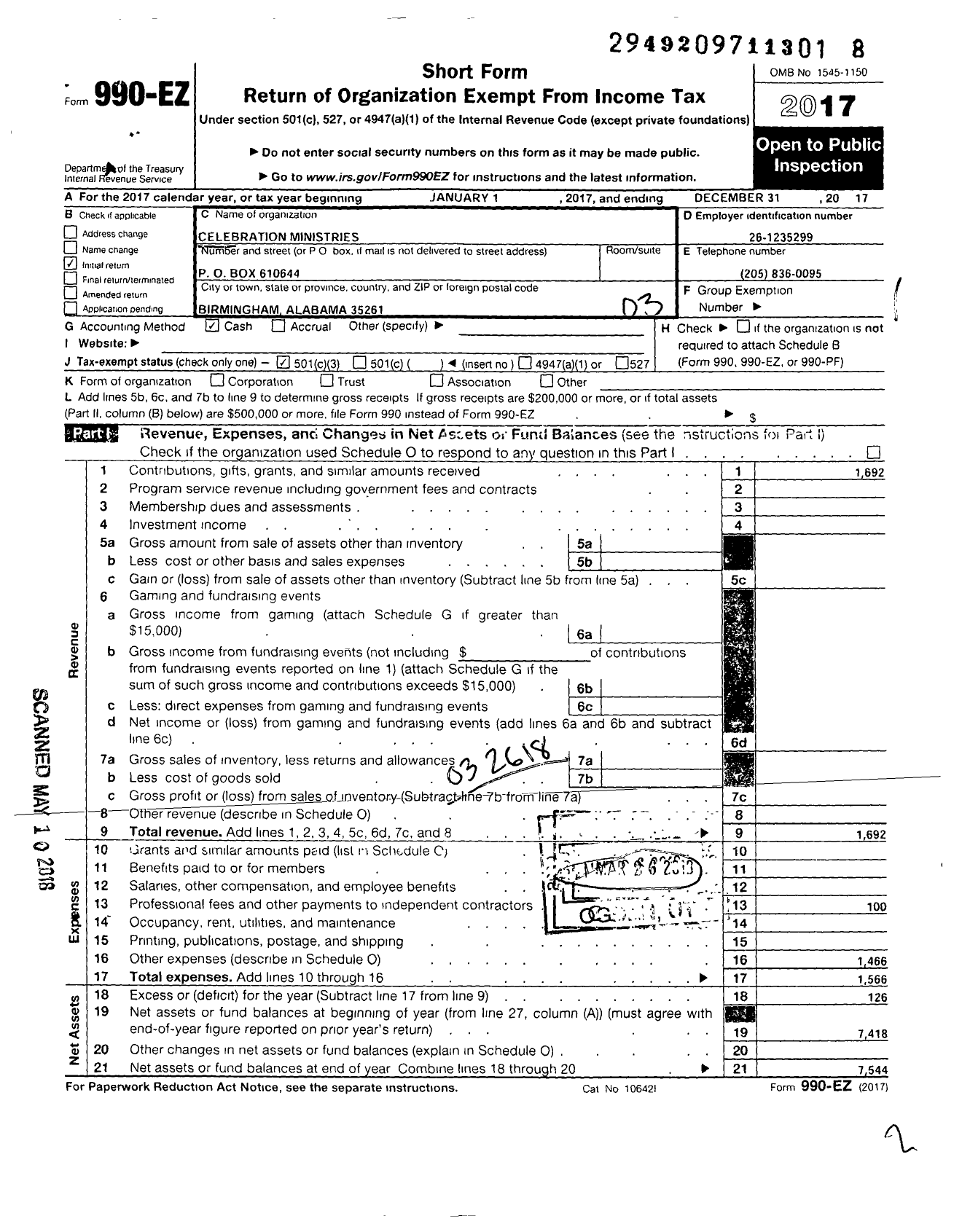 Image of first page of 2017 Form 990EZ for Celebration Ministries