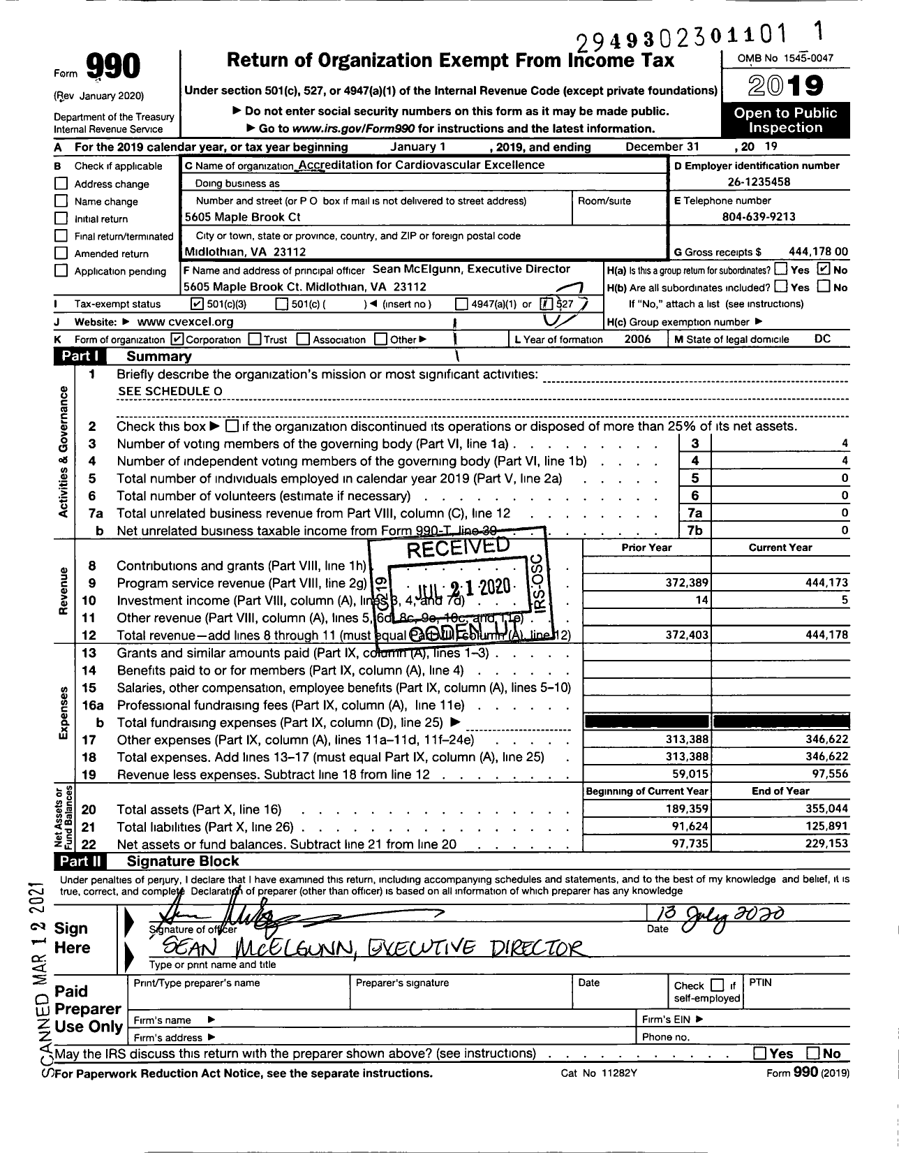 Image of first page of 2019 Form 990 for Accreditation for Cardiovascular Excellence