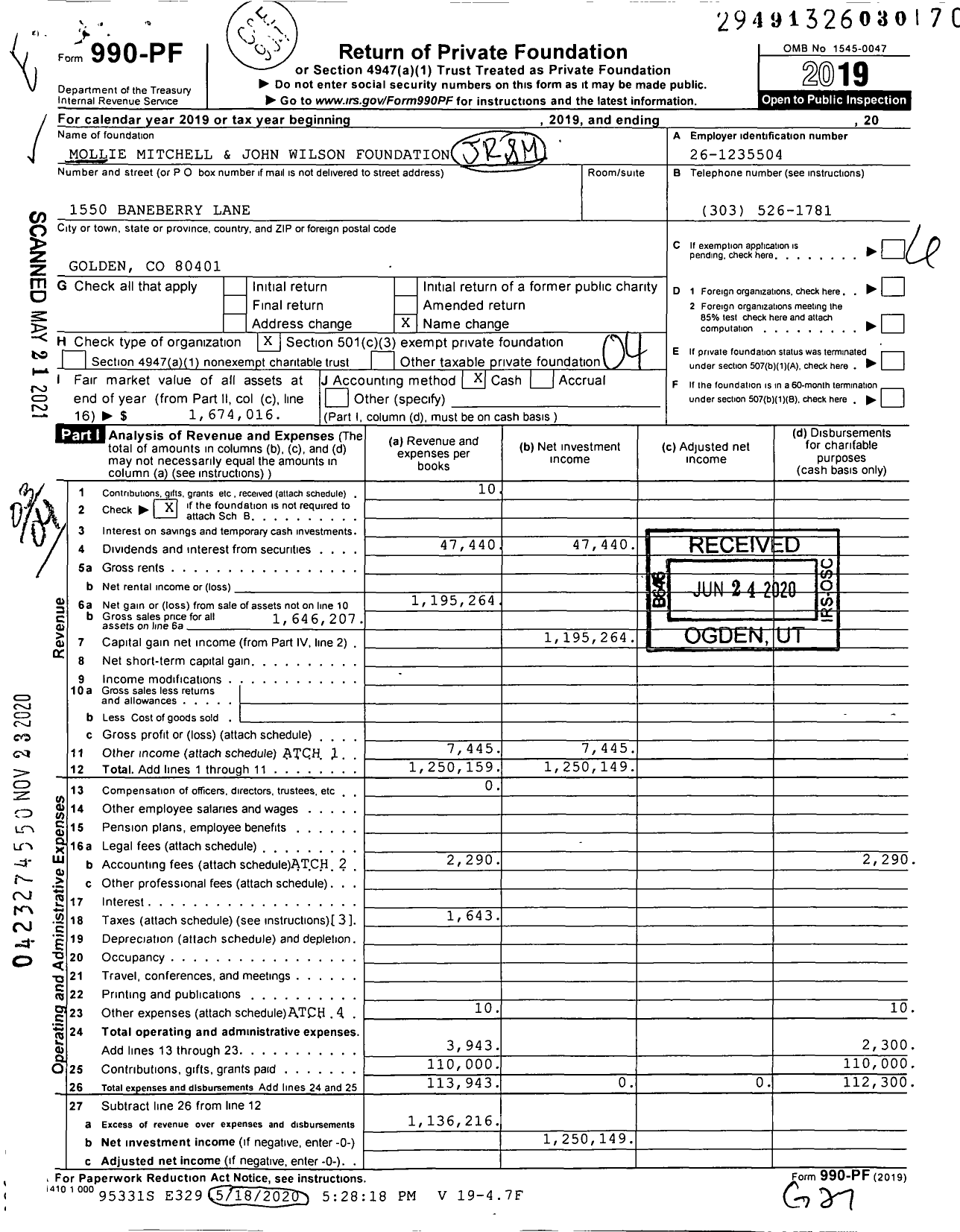 Image of first page of 2019 Form 990PF for Mollie Mitchell and John Wilson Foundation