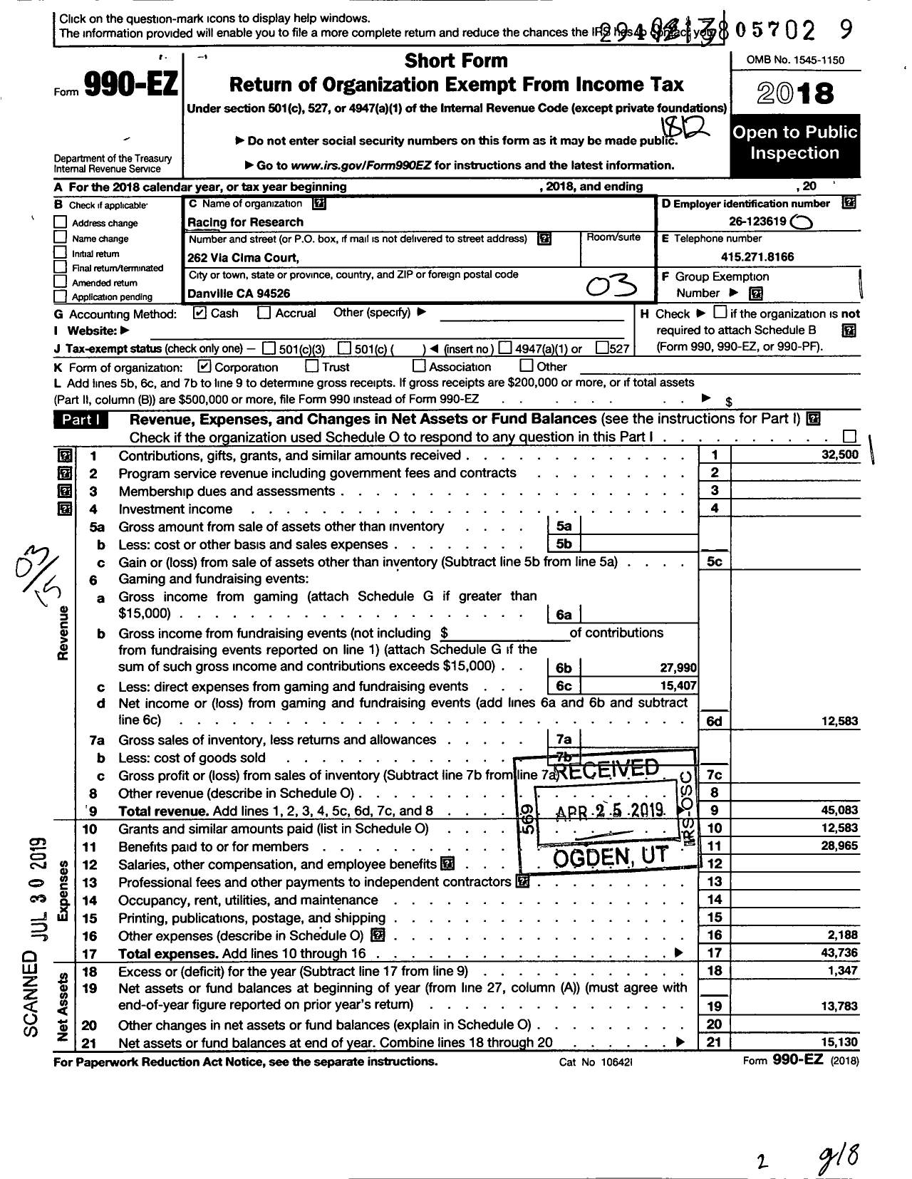 Image of first page of 2018 Form 990EZ for Racing for Research