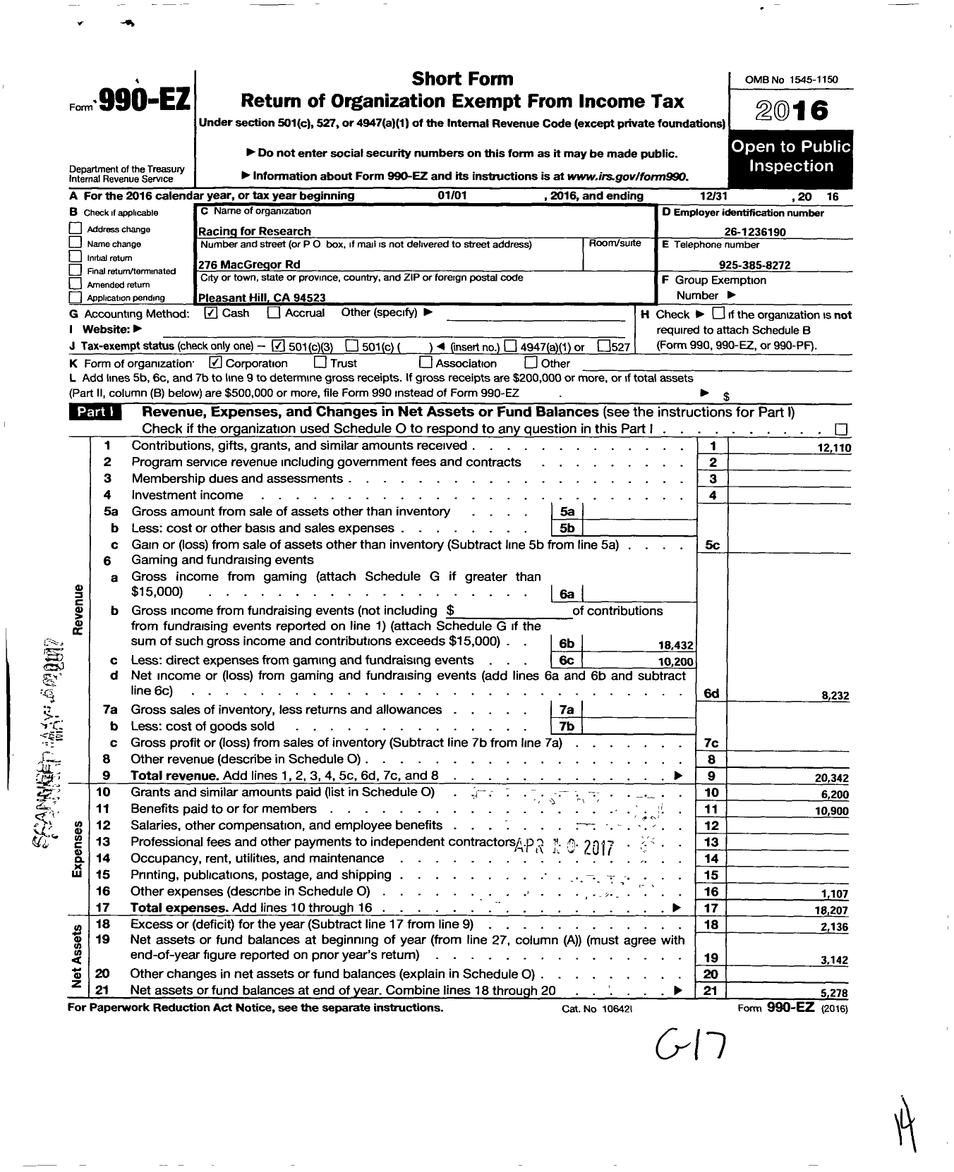 Image of first page of 2016 Form 990EZ for Racing for Research