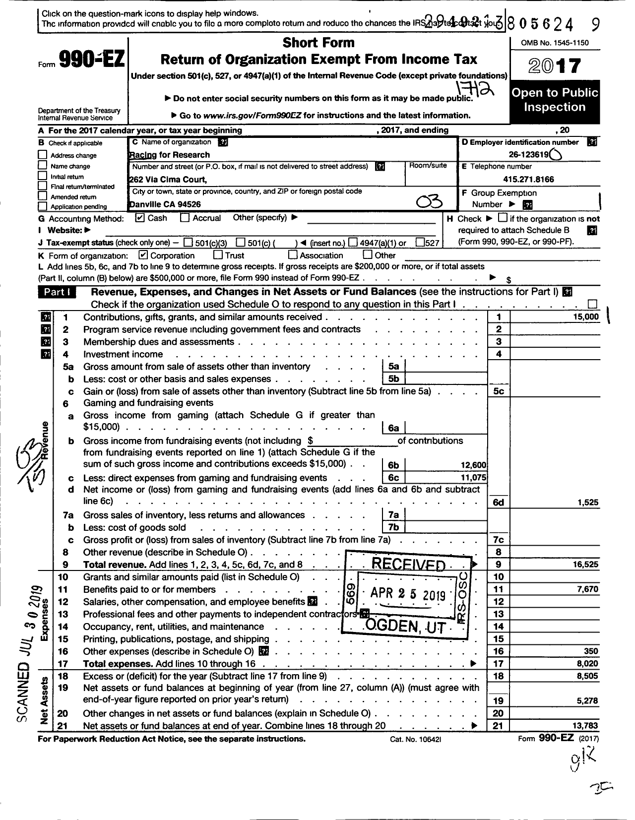 Image of first page of 2017 Form 990EZ for Racing for Research