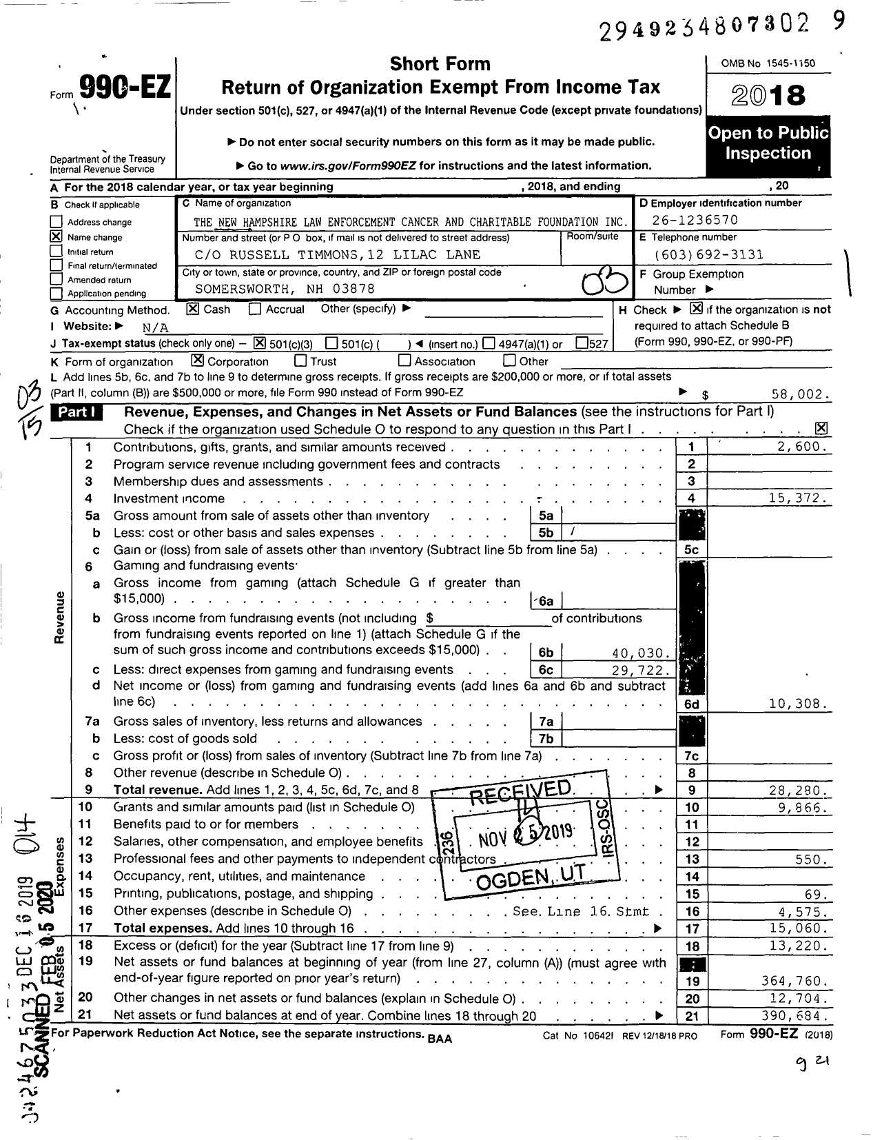 Image of first page of 2018 Form 990EZ for The New Hampshire Law Enforcement Cancer and Charitable Foundation