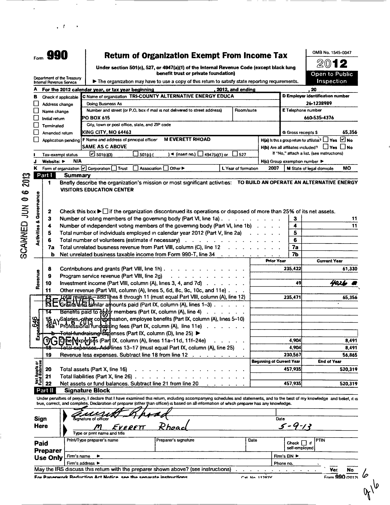 Image of first page of 2012 Form 990 for Tri-County Alternative Energy Education and Visitors Center