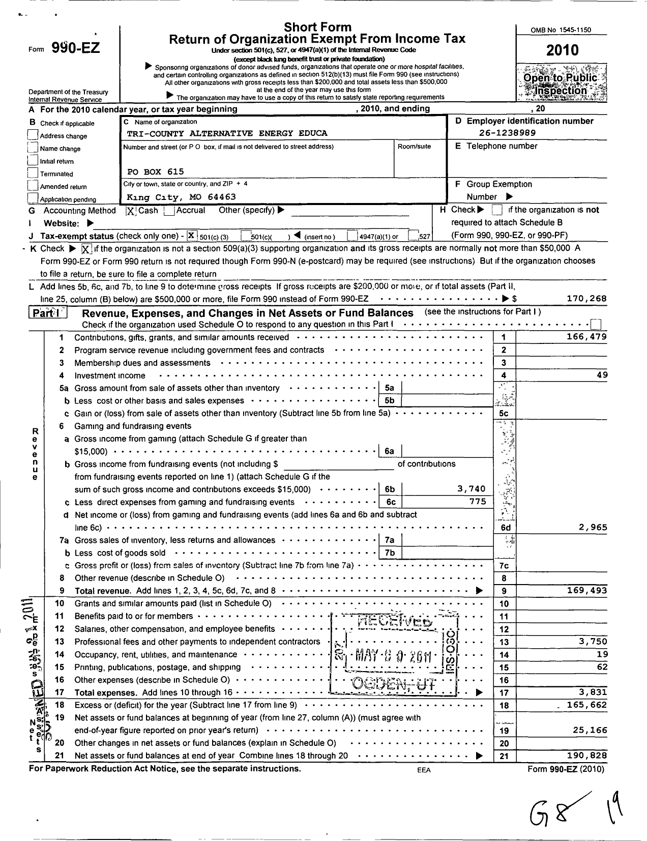 Image of first page of 2010 Form 990EZ for Tri-County Alternative Energy Education and Visitors Center