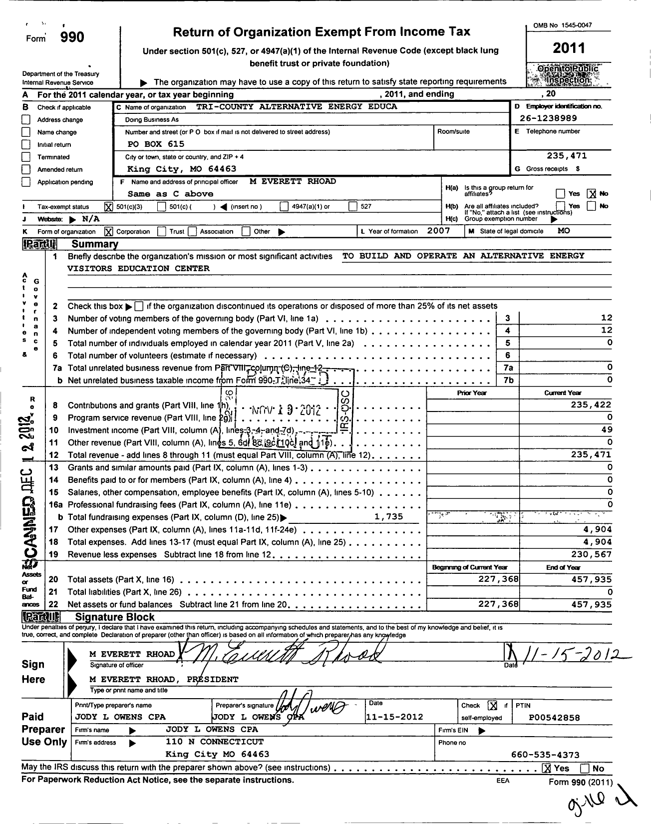 Image of first page of 2011 Form 990 for Tri-County Alternative Energy Education and Visitors Center