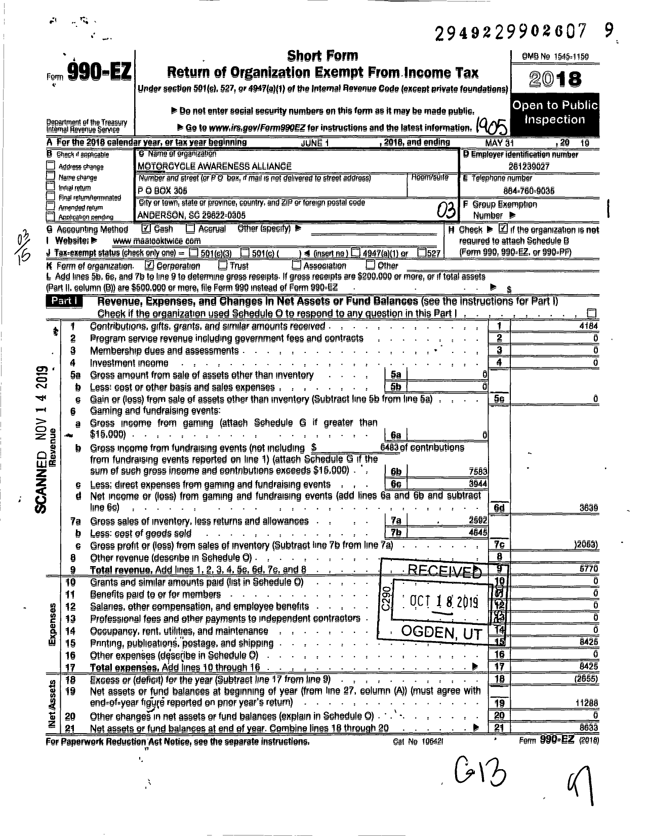 Image of first page of 2018 Form 990EZ for Motorcycle Awareness Alliance