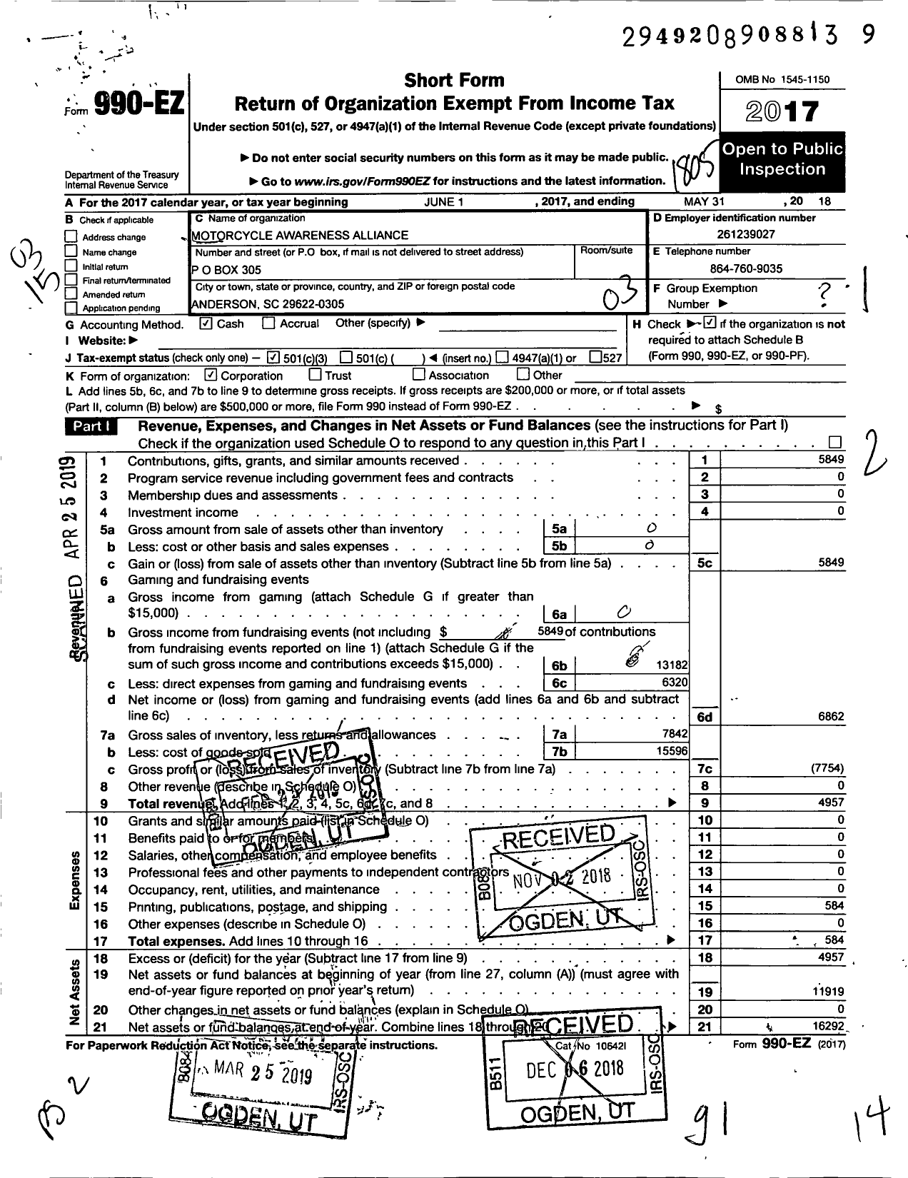 Image of first page of 2017 Form 990EZ for Motorcycle Awareness Alliance