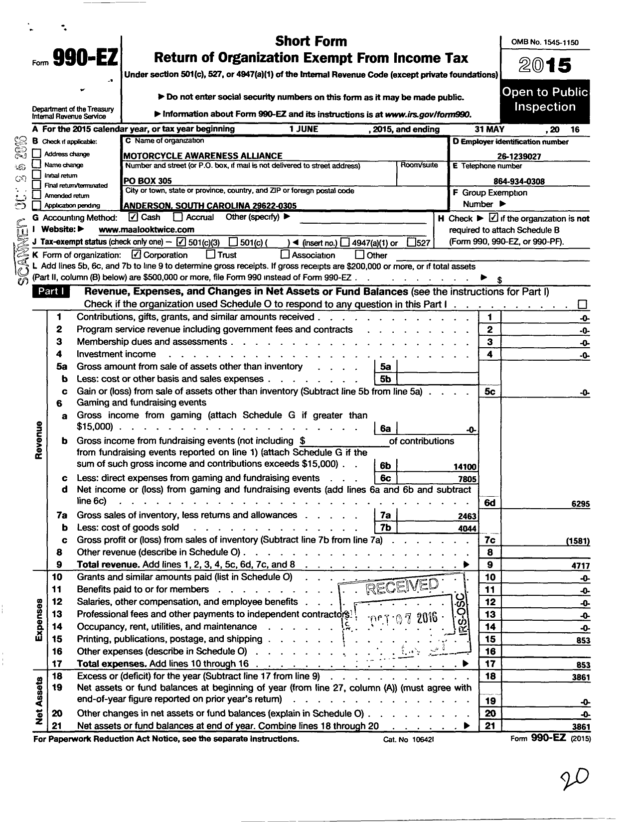 Image of first page of 2015 Form 990EZ for Motorcycle Awareness Alliance