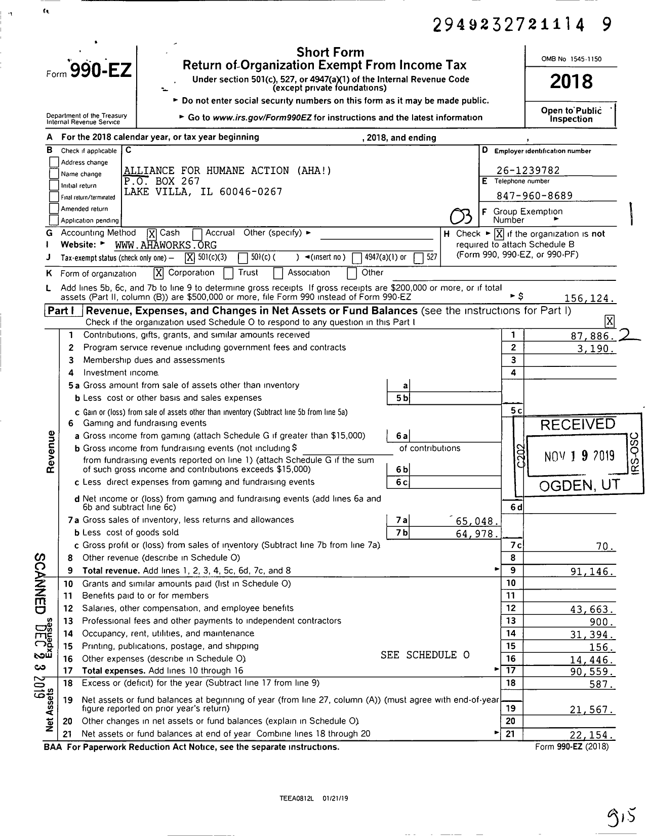 Image of first page of 2018 Form 990EZ for Alliance for Humane Action (AHA)