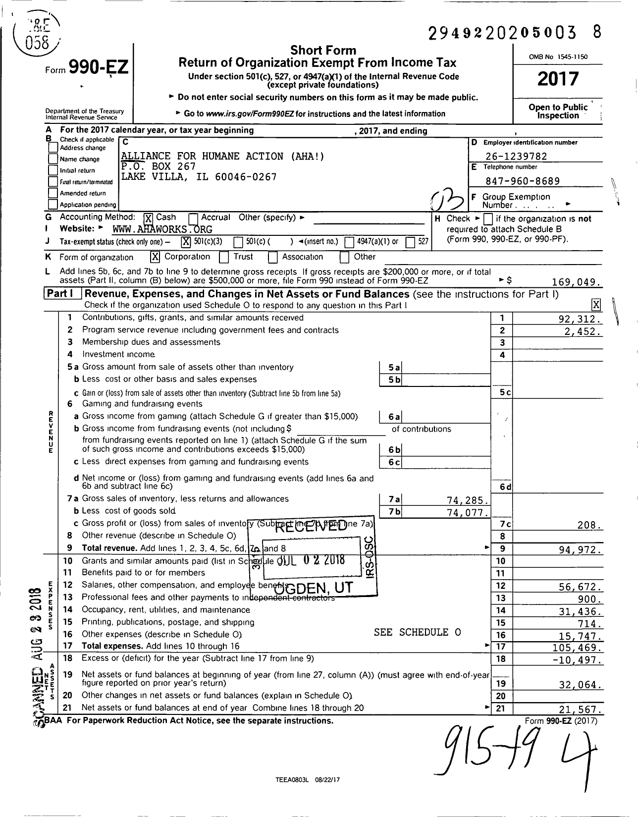 Image of first page of 2017 Form 990EZ for Alliance for Humane Action (AHA)