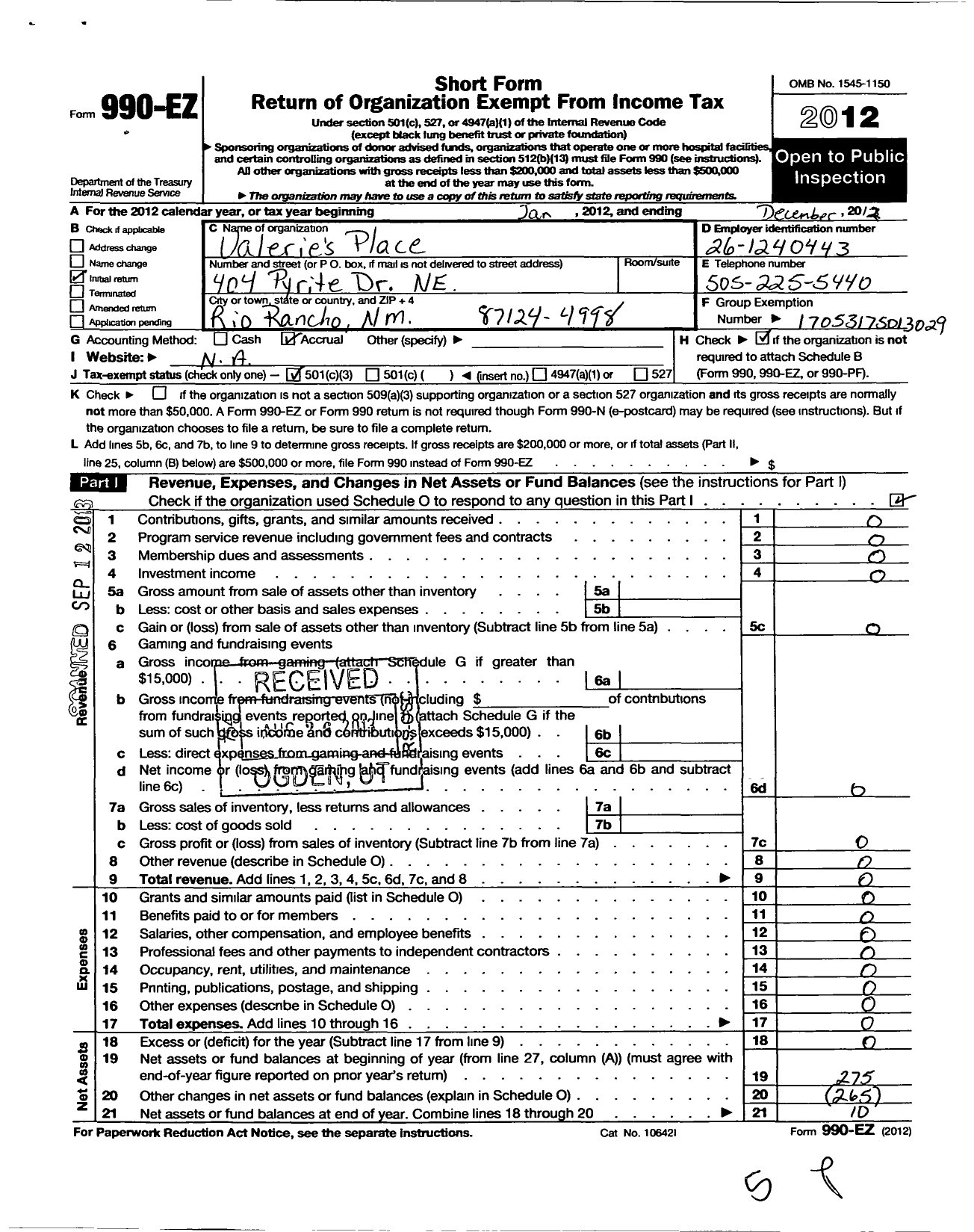 Image of first page of 2012 Form 990EZ for Valeries Place