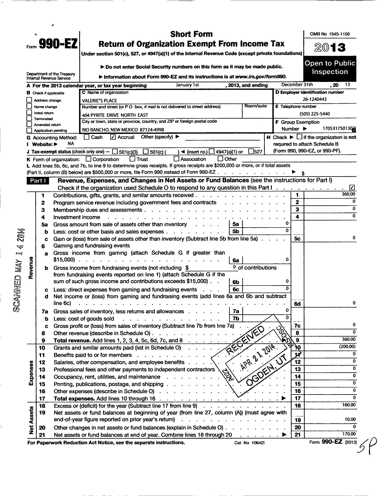 Image of first page of 2013 Form 990EO for Valeries Place