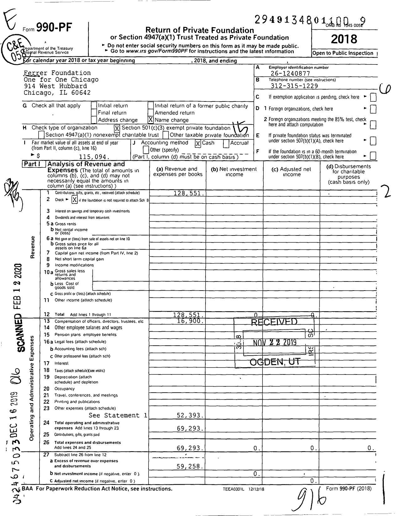 Image of first page of 2018 Form 990PF for One for One Chicago