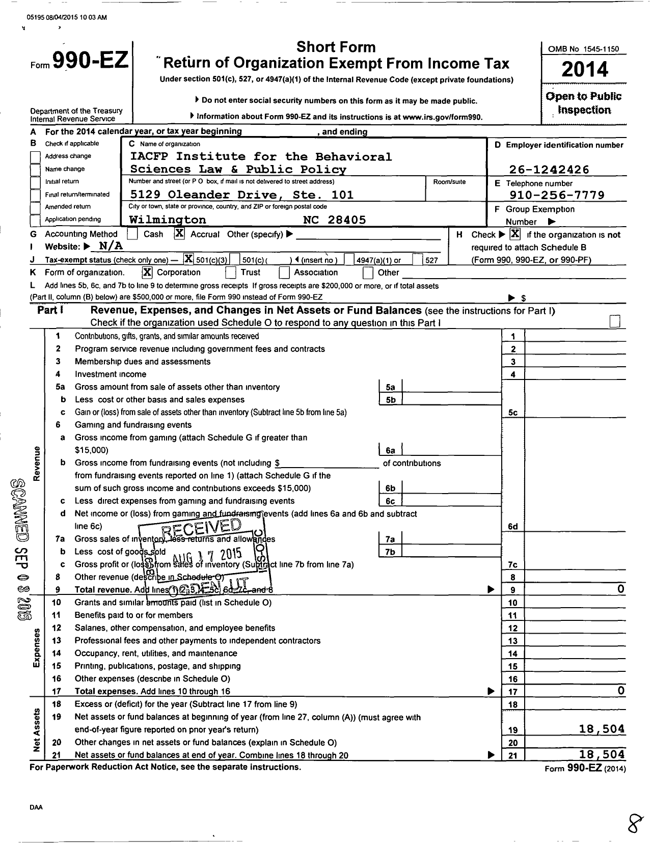 Image of first page of 2014 Form 990EZ for Iacfp Institute for the Behavioral Sciences Law and Public Policy