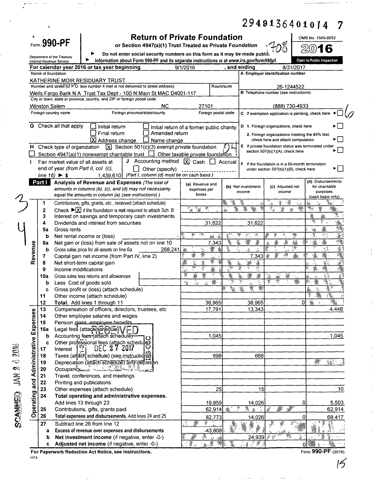 Image of first page of 2016 Form 990PF for Katherine Moir Residuary Trust