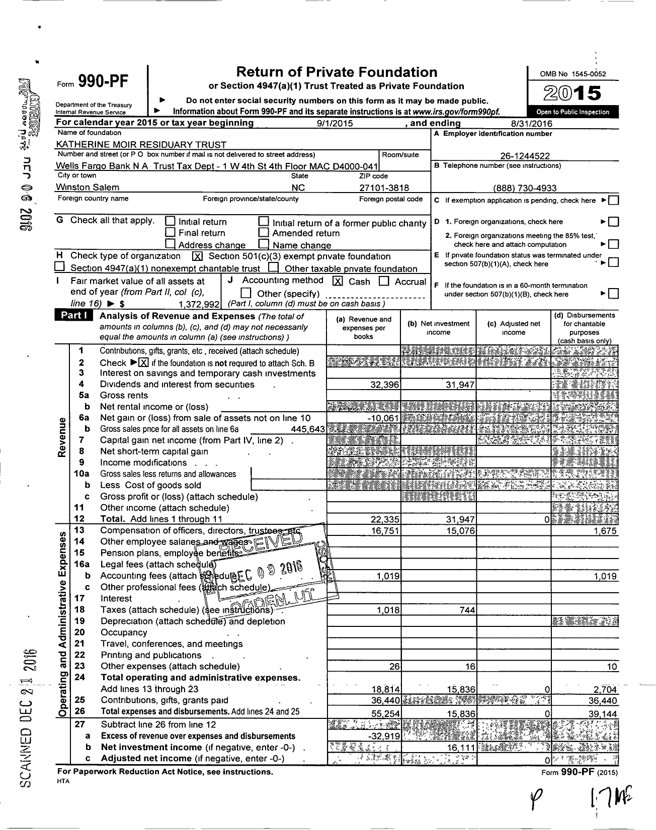 Image of first page of 2015 Form 990PF for Katherine Moir Residuary Trust