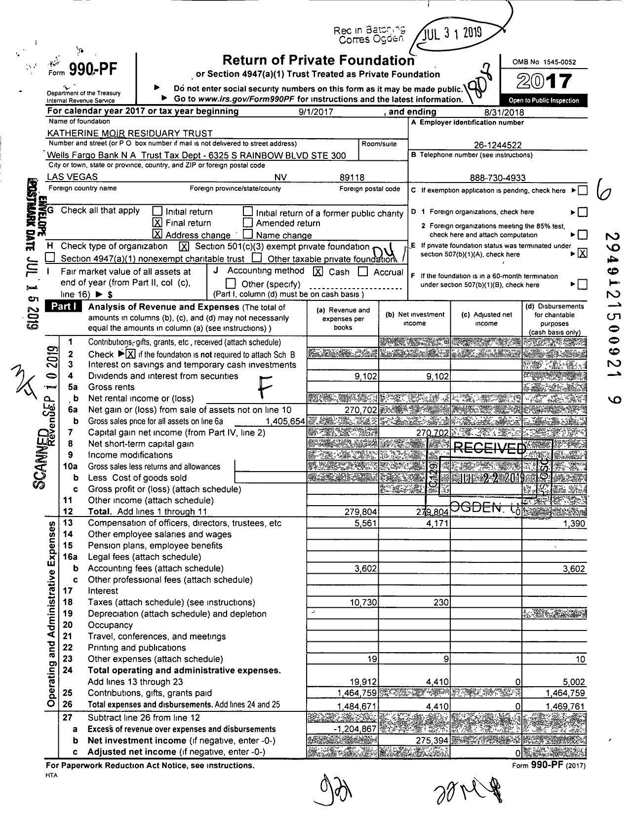 Image of first page of 2017 Form 990PF for Katherine Moir Residuary Trust