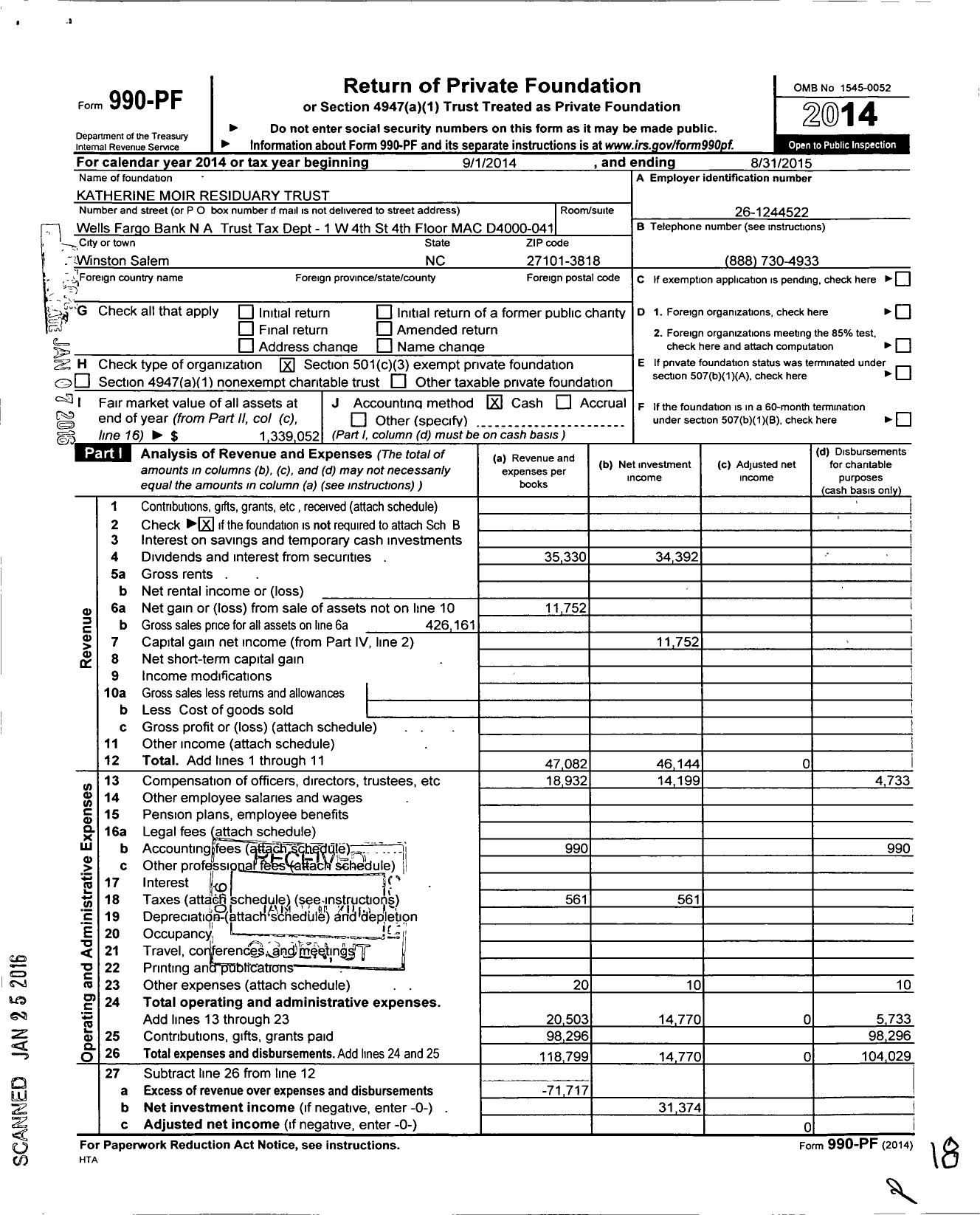 Image of first page of 2014 Form 990PF for Katherine Moir Residuary Trust