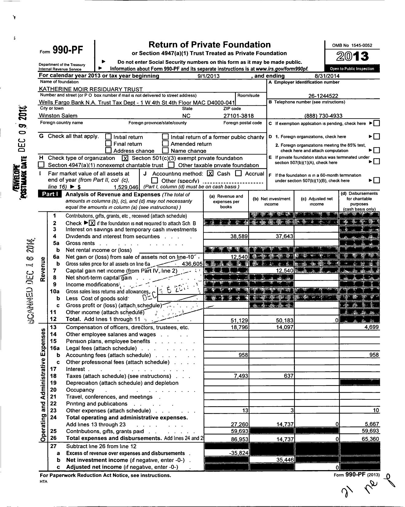 Image of first page of 2013 Form 990PF for Katherine Moir Residuary Trust