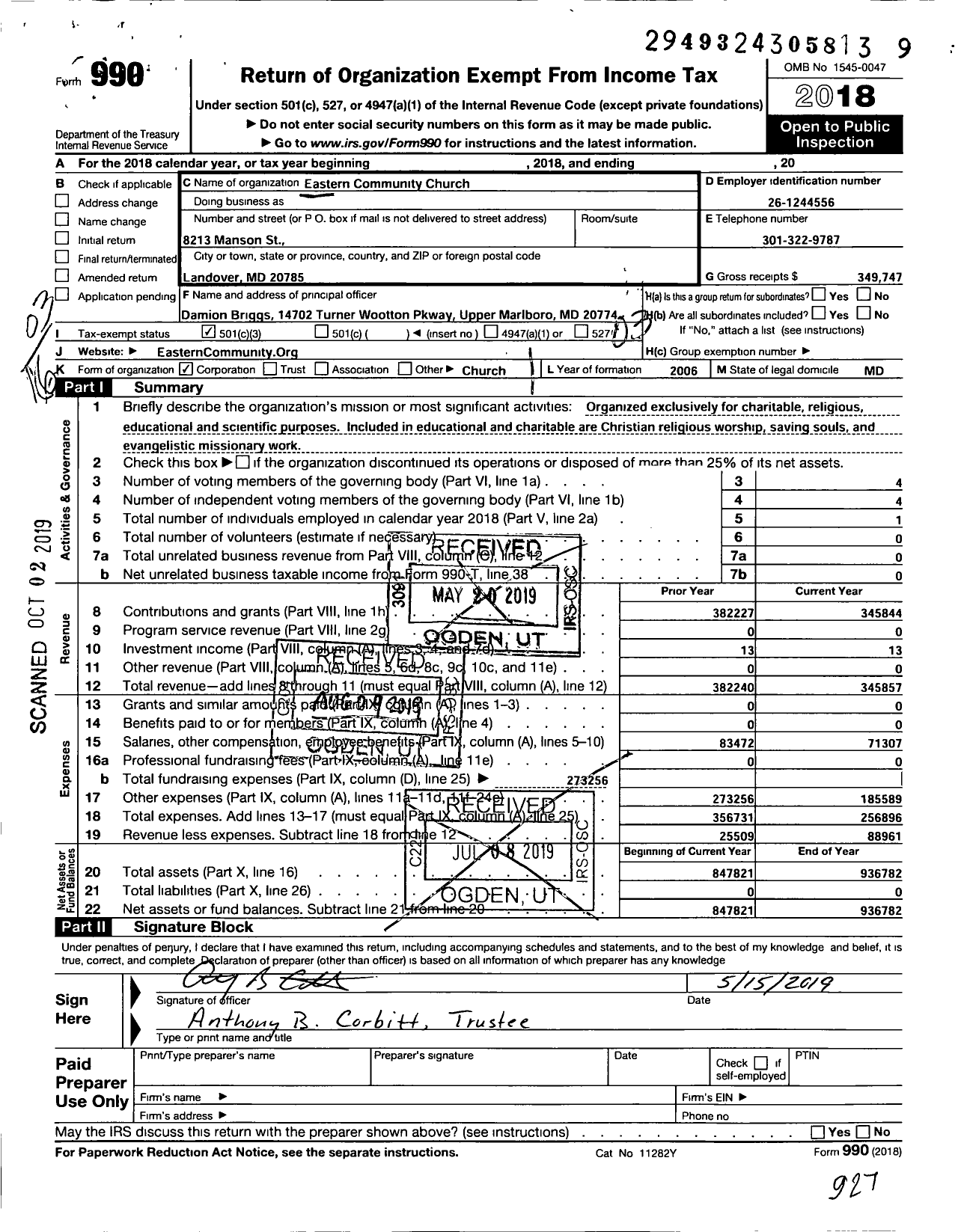Image of first page of 2018 Form 990 for Eastern Community Church