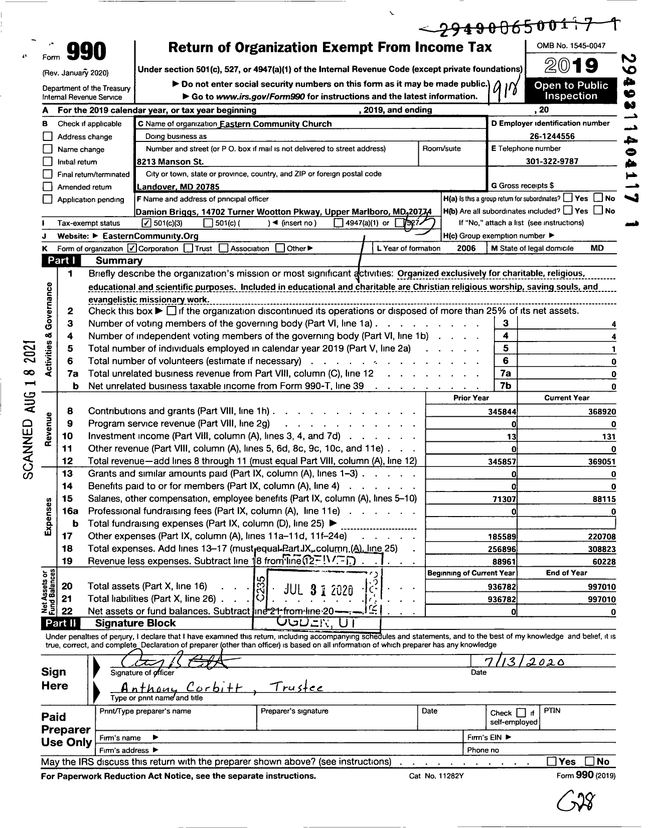 Image of first page of 2019 Form 990 for Eastern Community Church