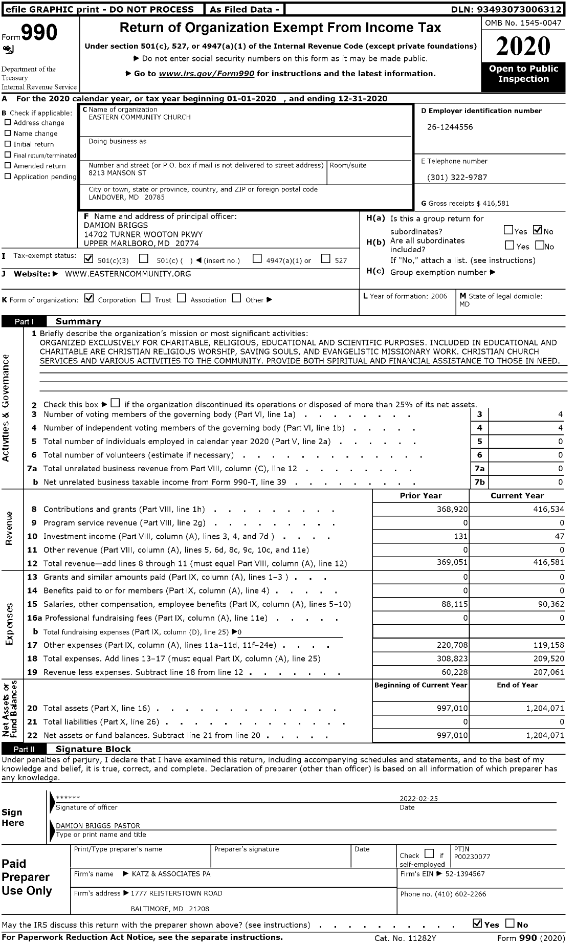 Image of first page of 2020 Form 990 for Eastern Community Church