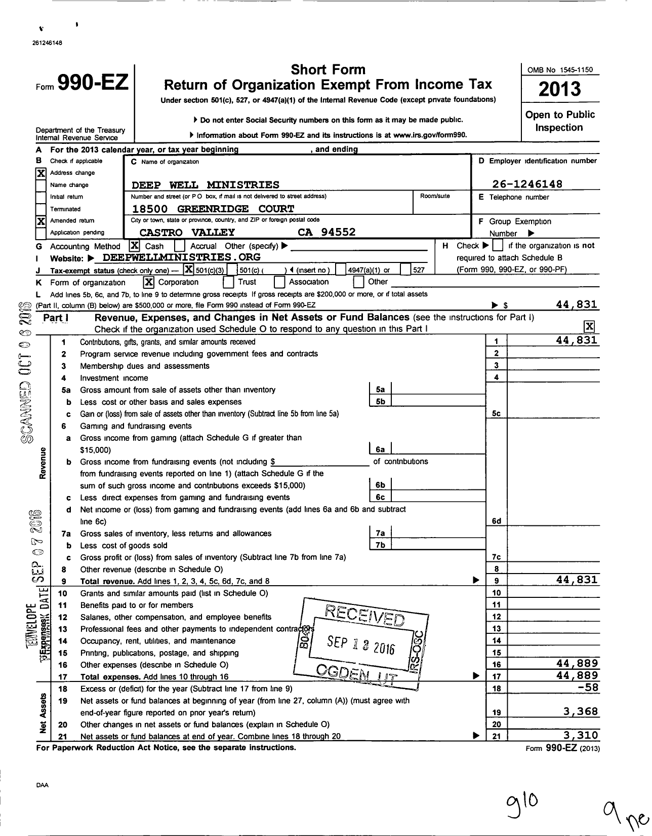 Image of first page of 2013 Form 990EZ for Deep Well Ministries