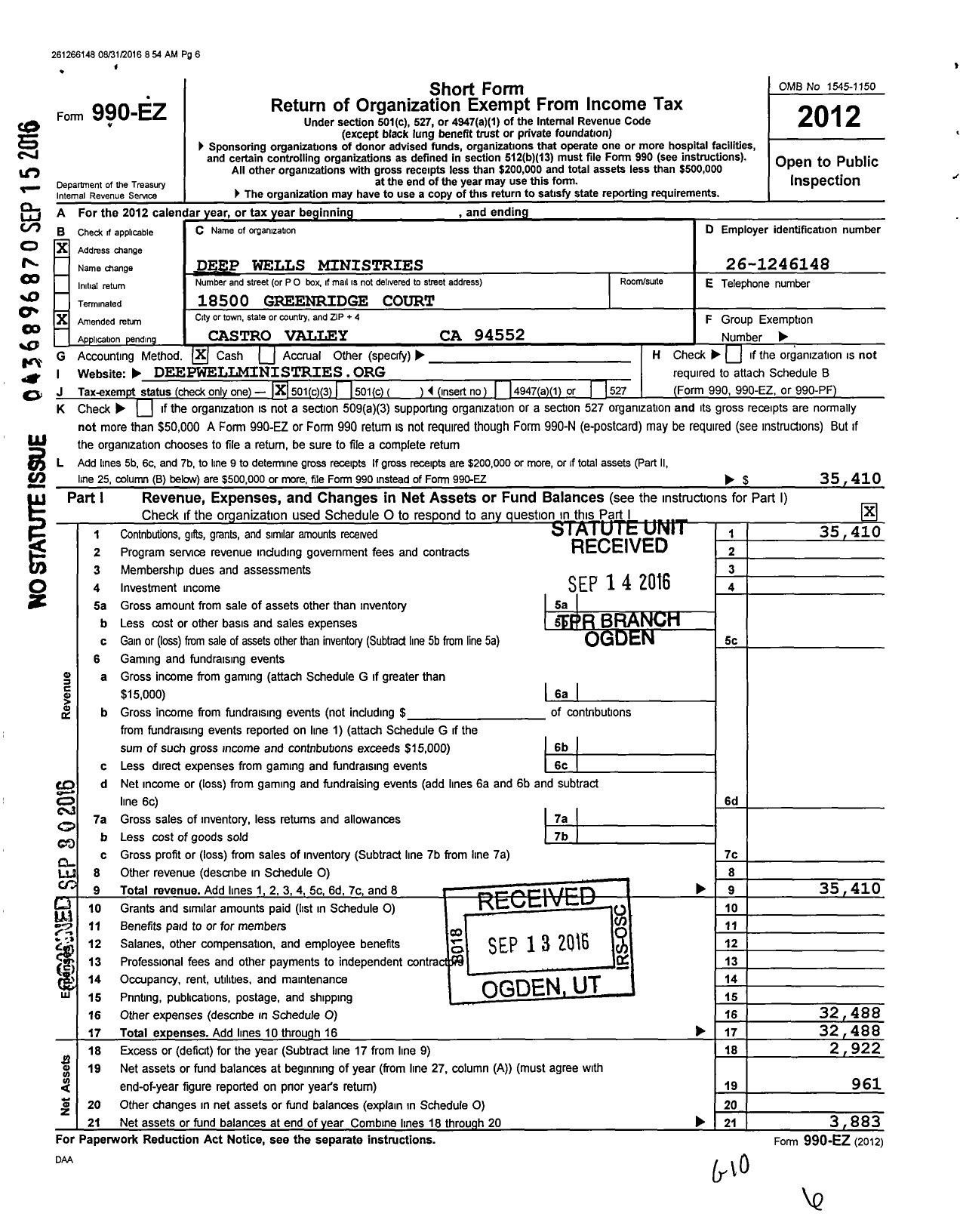 Image of first page of 2012 Form 990EZ for Deep Well Ministries