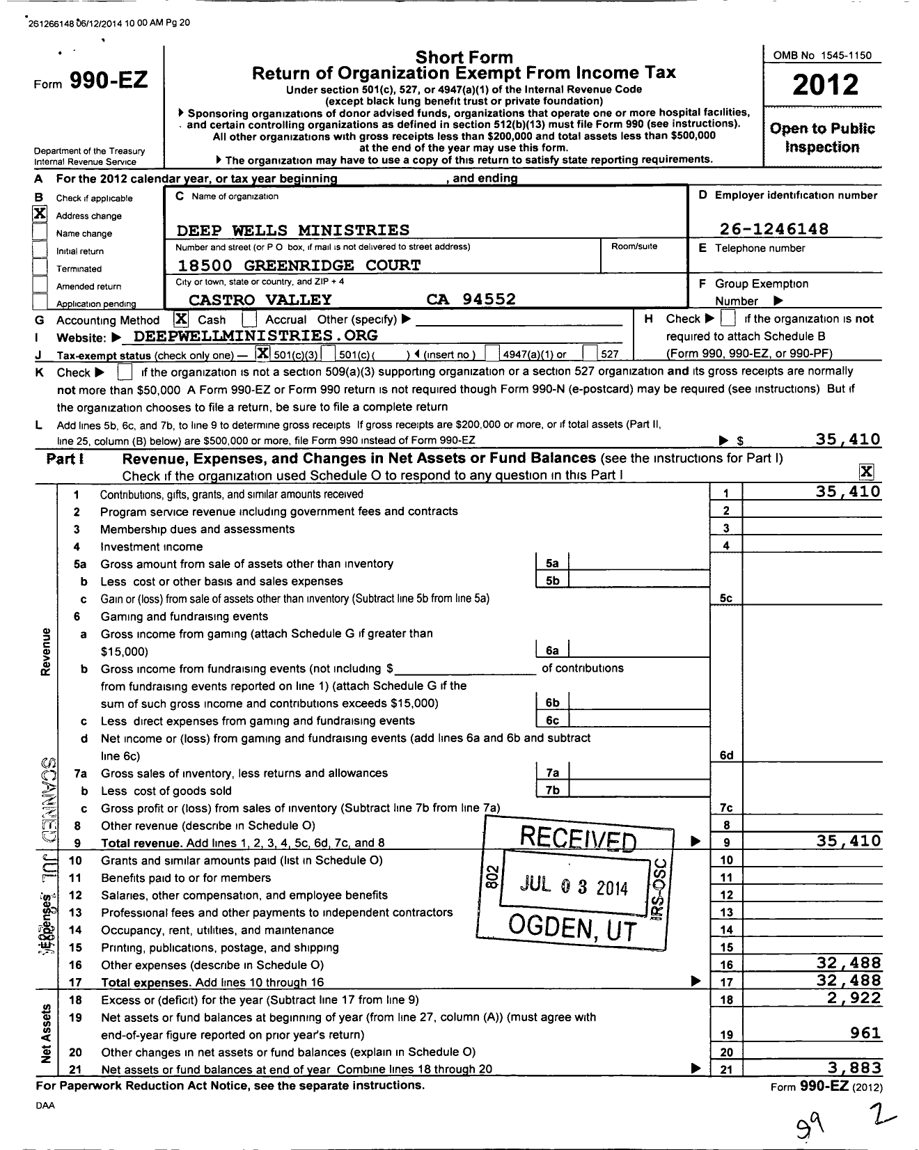 Image of first page of 2012 Form 990EZ for Deep Well Ministries