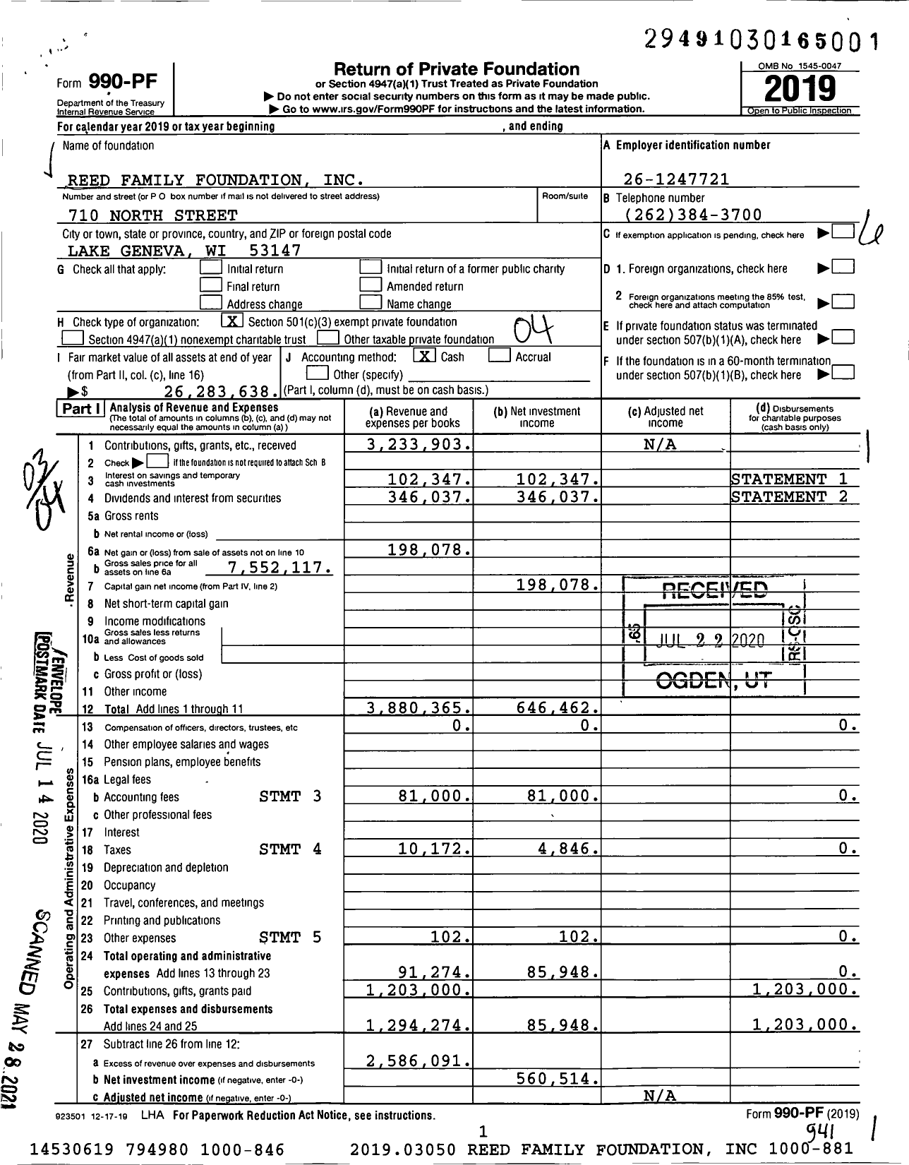 Image of first page of 2019 Form 990PF for Reed Family Foundation