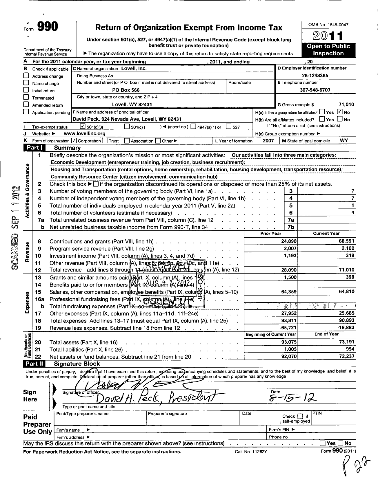 Image of first page of 2011 Form 990 for Lovell