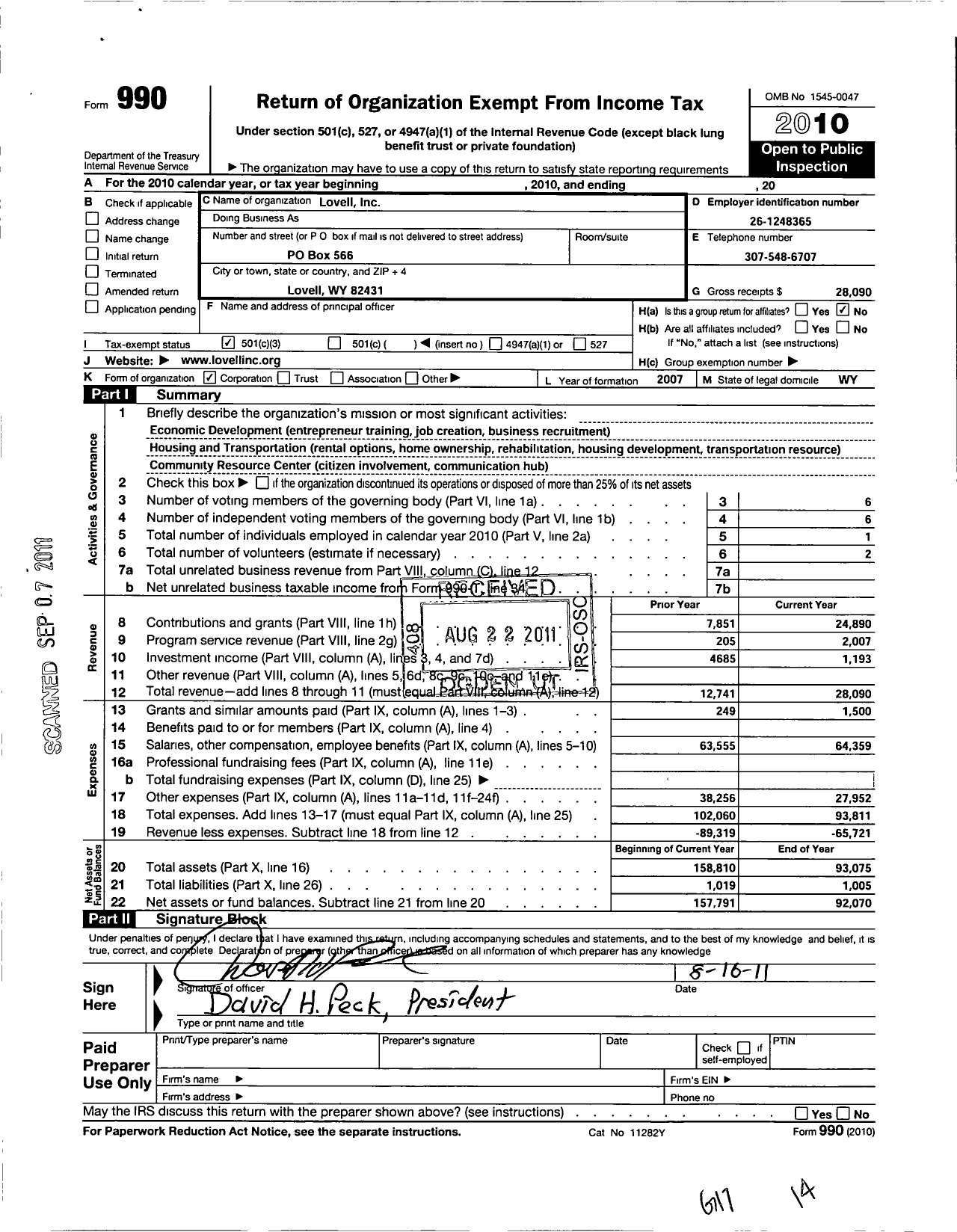 Image of first page of 2010 Form 990 for Lovell