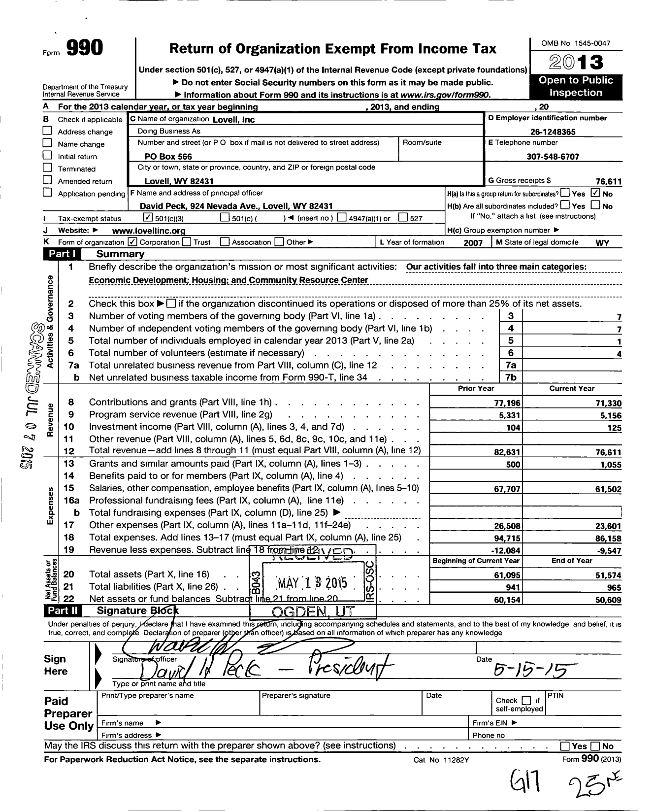 Image of first page of 2013 Form 990 for Lovell