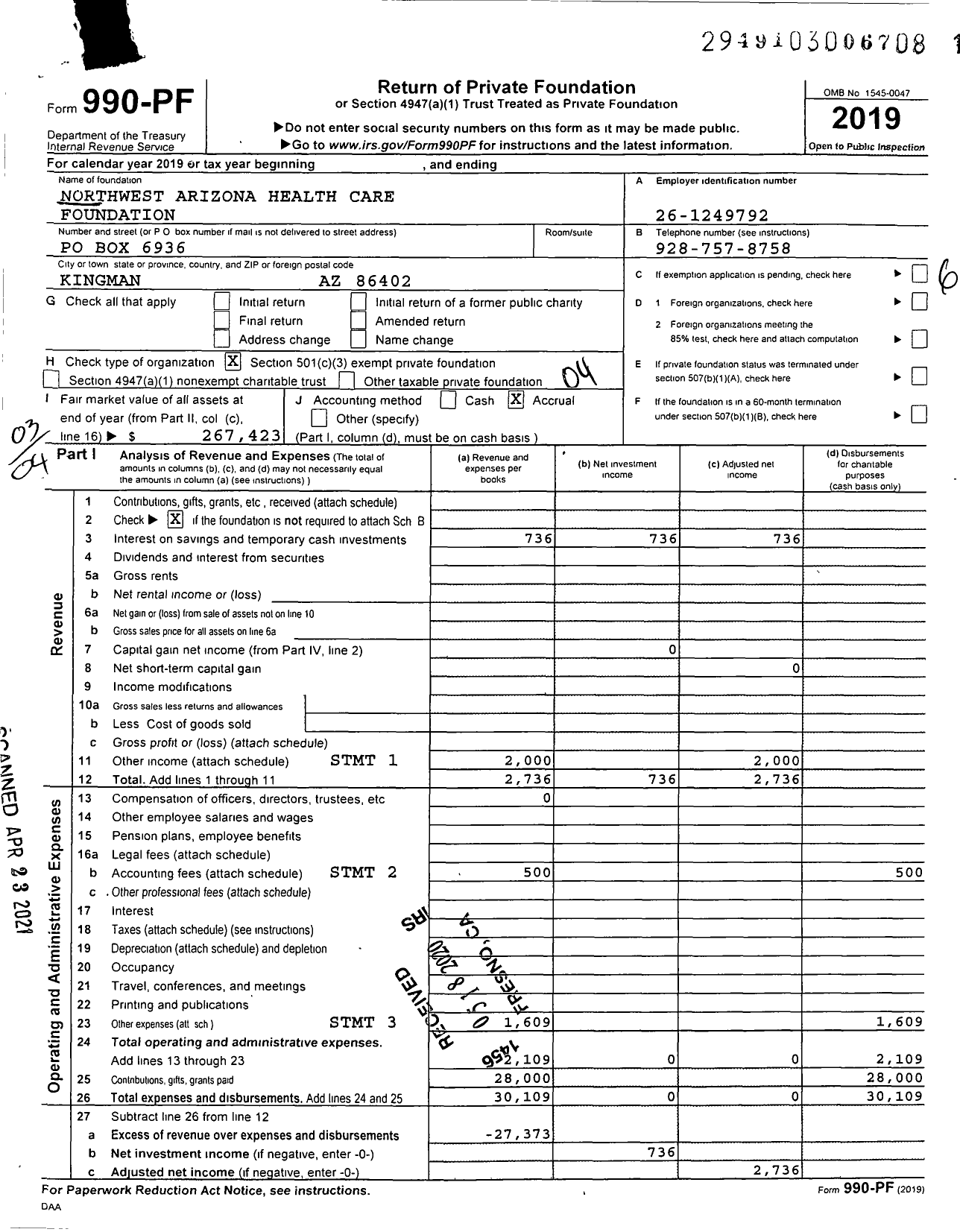 Image of first page of 2019 Form 990PF for Northwest Arizona Health Care Foundation