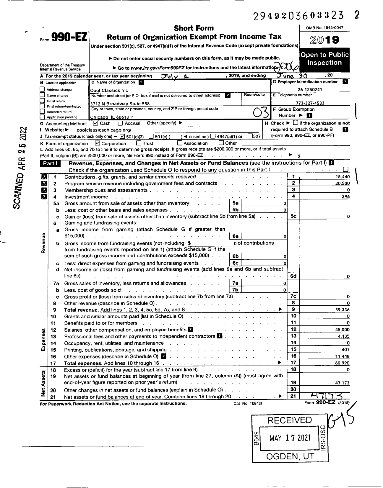 Image of first page of 2019 Form 990EZ for Cool Classics